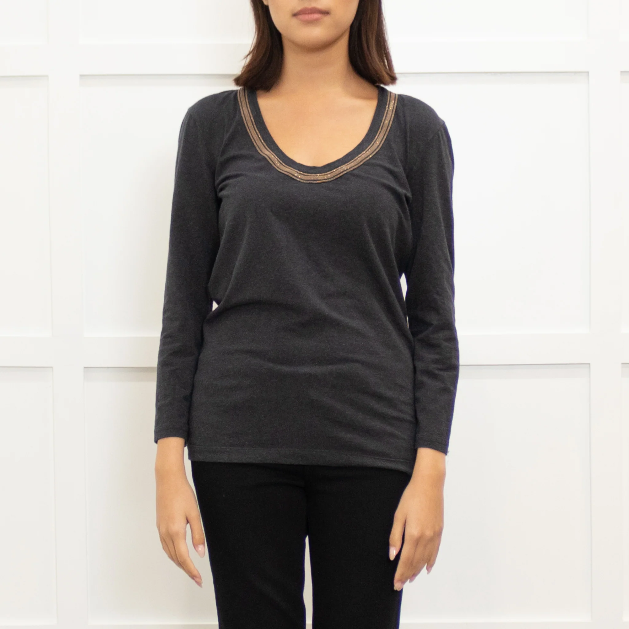 Brunello Cucinelli Grey Long Sleeve Cotton Top With Rose Gold Neckline Detail - Image 2
