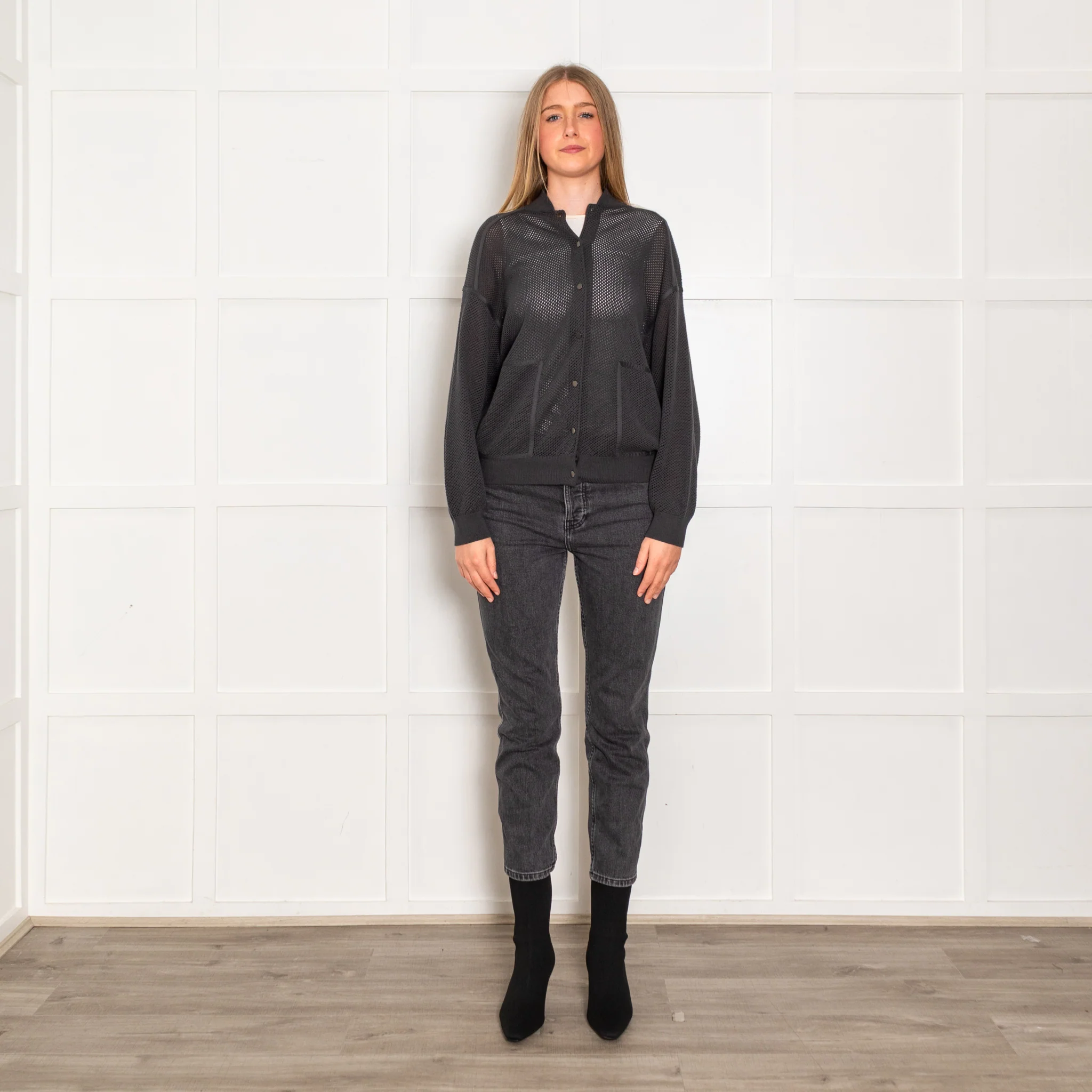 Brunello Cucinelli Grey Net Cotton Bomber Jacket