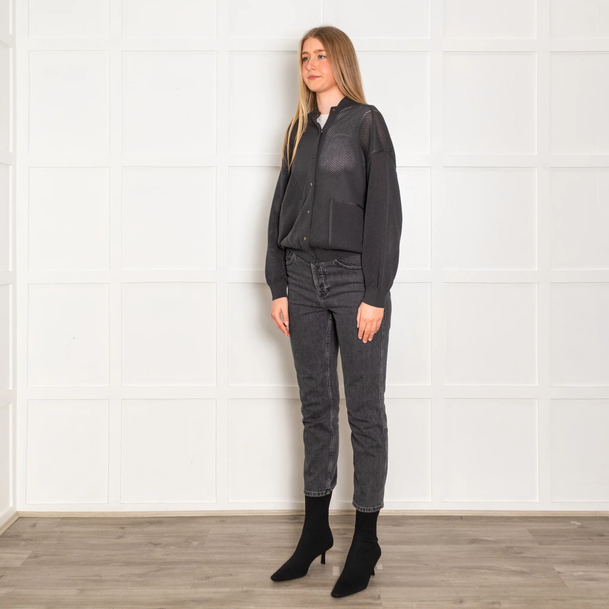 Brunello Cucinelli Grey Net Cotton Bomber Jacket - Image 3