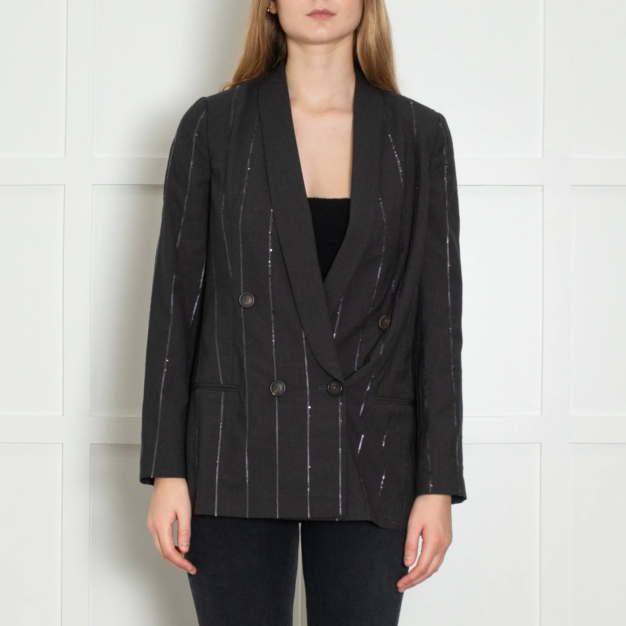Brunello Cucinelli Grey Sequin Pinstripe Blazer - Image 2