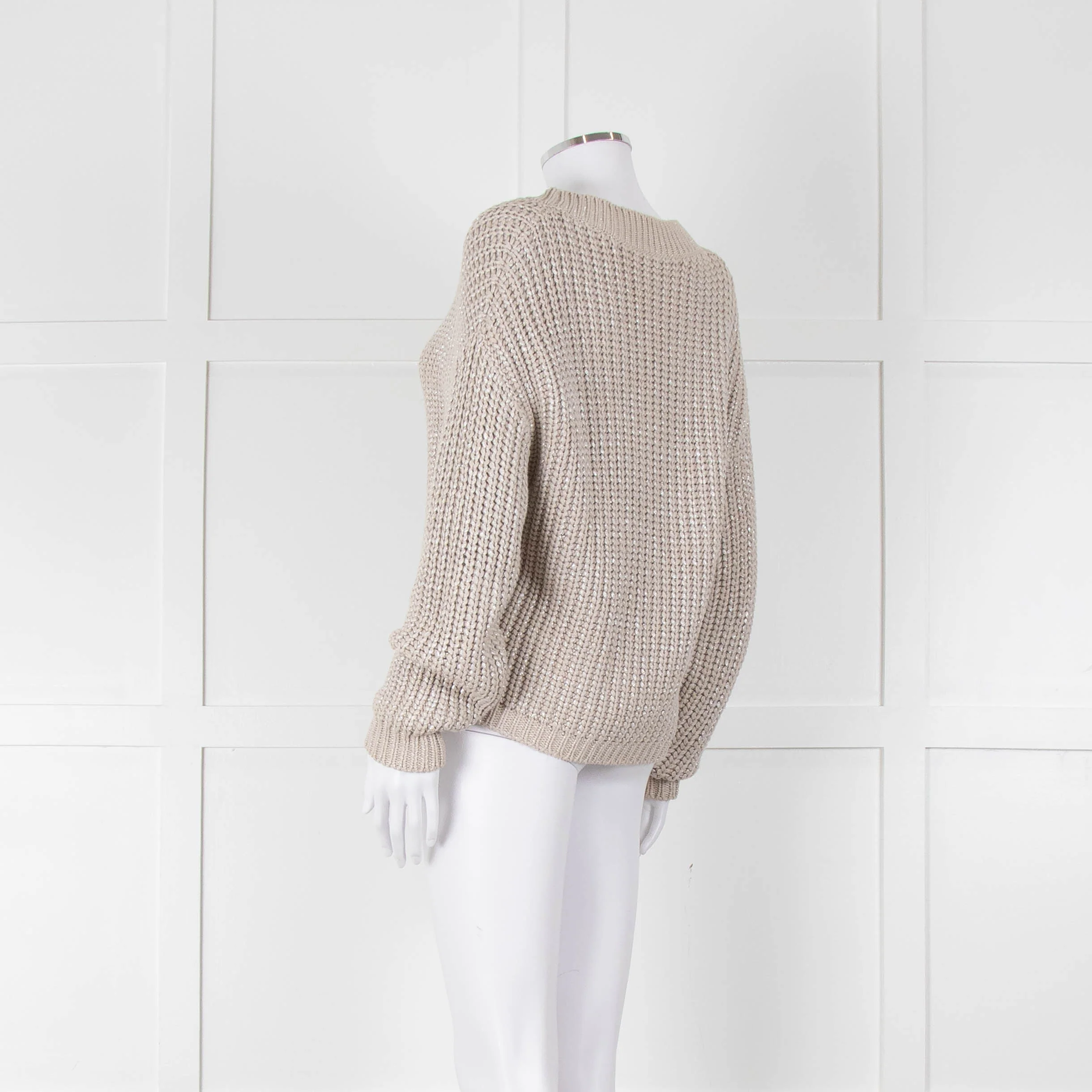 Brunello Cucinelli Light Grey Silver Chunky Knit V Neck Jumper - Image 6