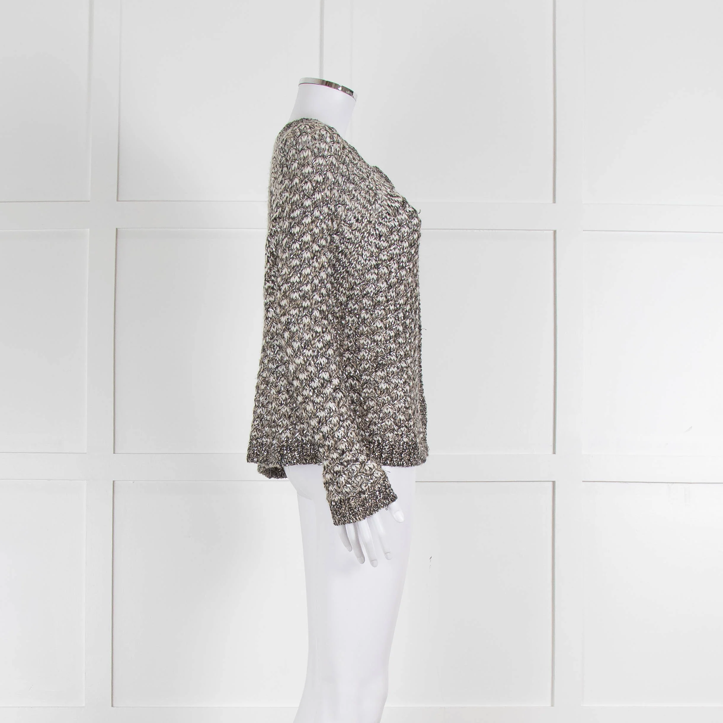 Bruno Manetti Beige and Black Metallic Open Weave Cardigan - Image 3