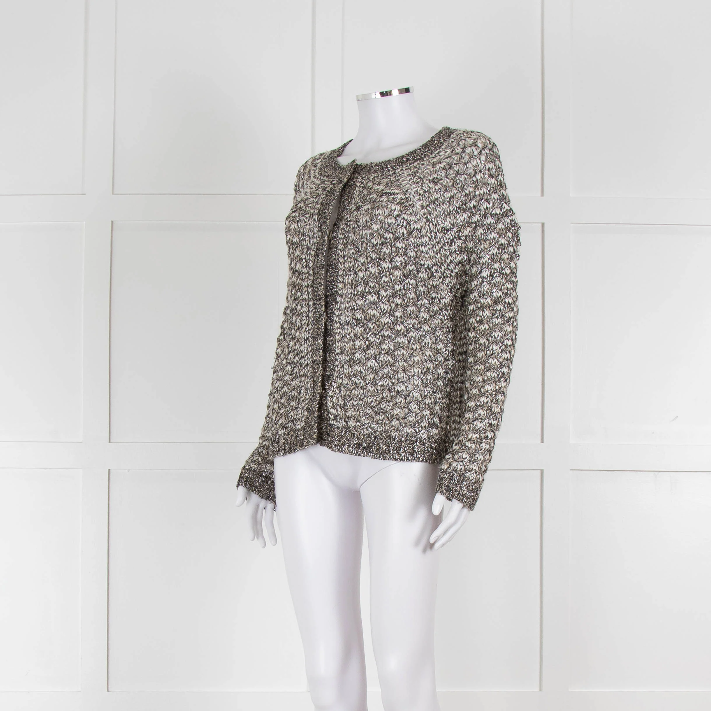 Bruno Manetti Beige and Black Metallic Open Weave Cardigan - Image 8
