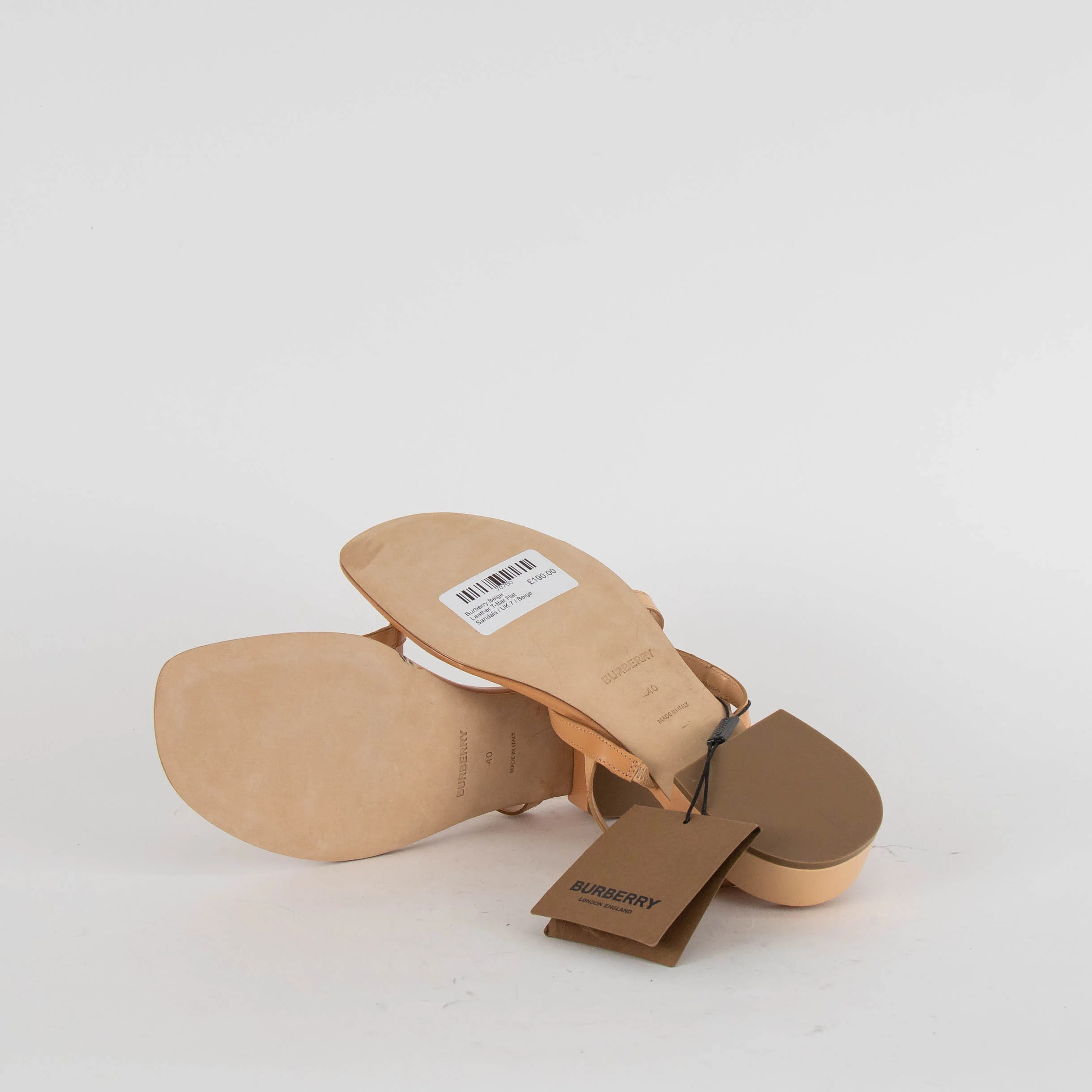 Burberry Beige Leather T-Bar Flat Sandals - Image 6