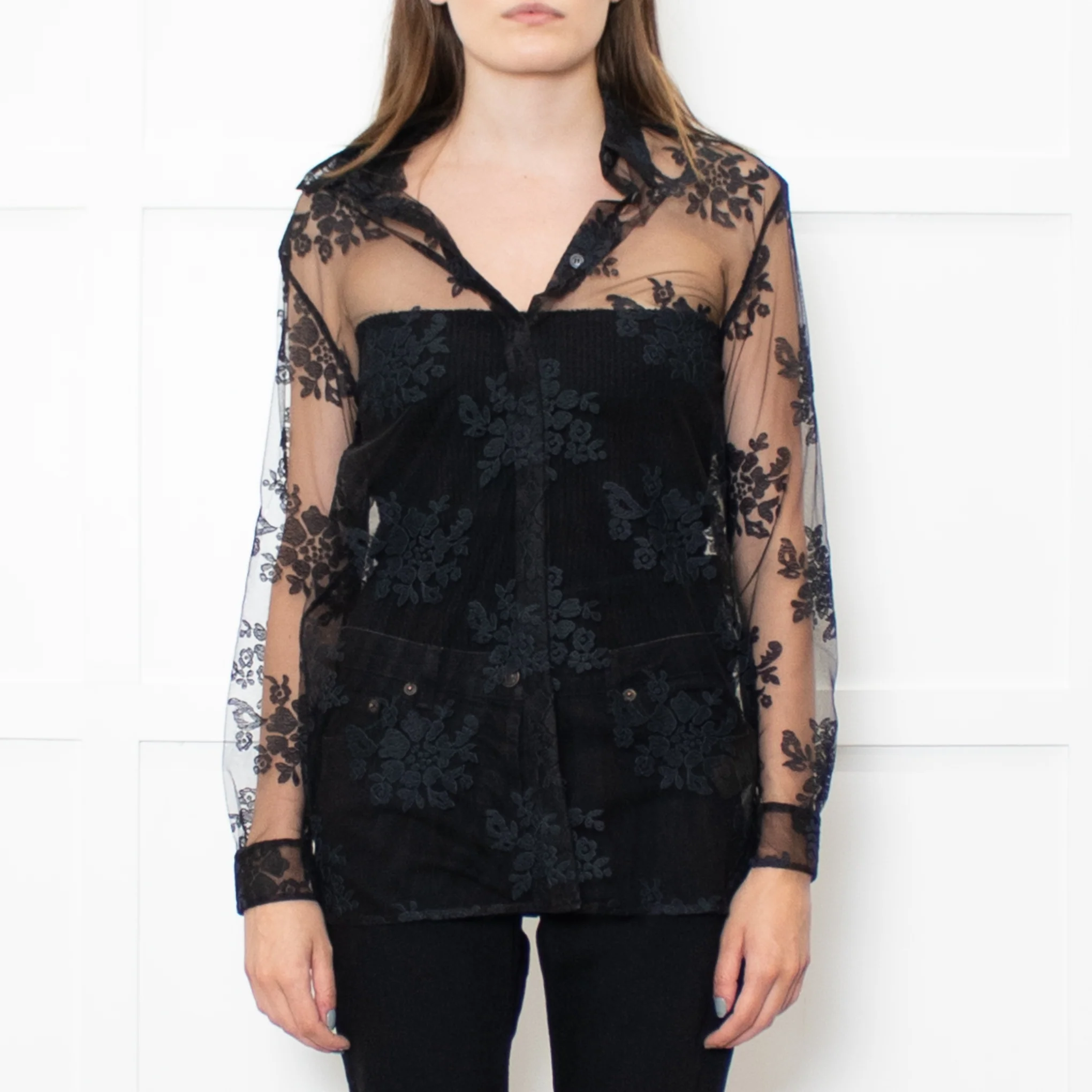 Burberry Black Lace Net Collared Shirt - Image 2