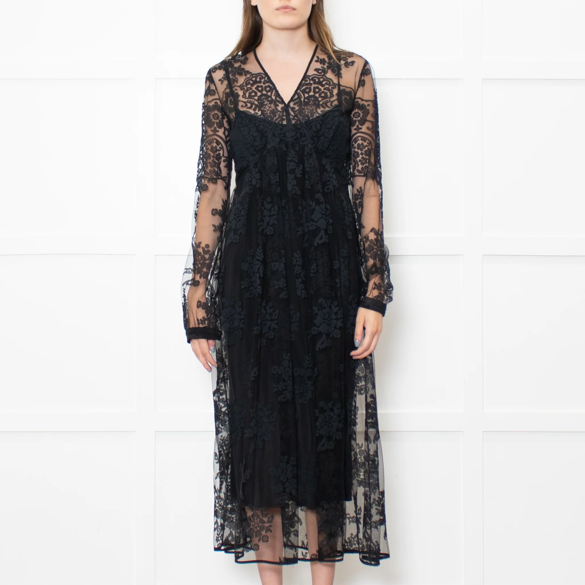Burberry Black Lace Sheer V Neck Midi Dress - Image 2