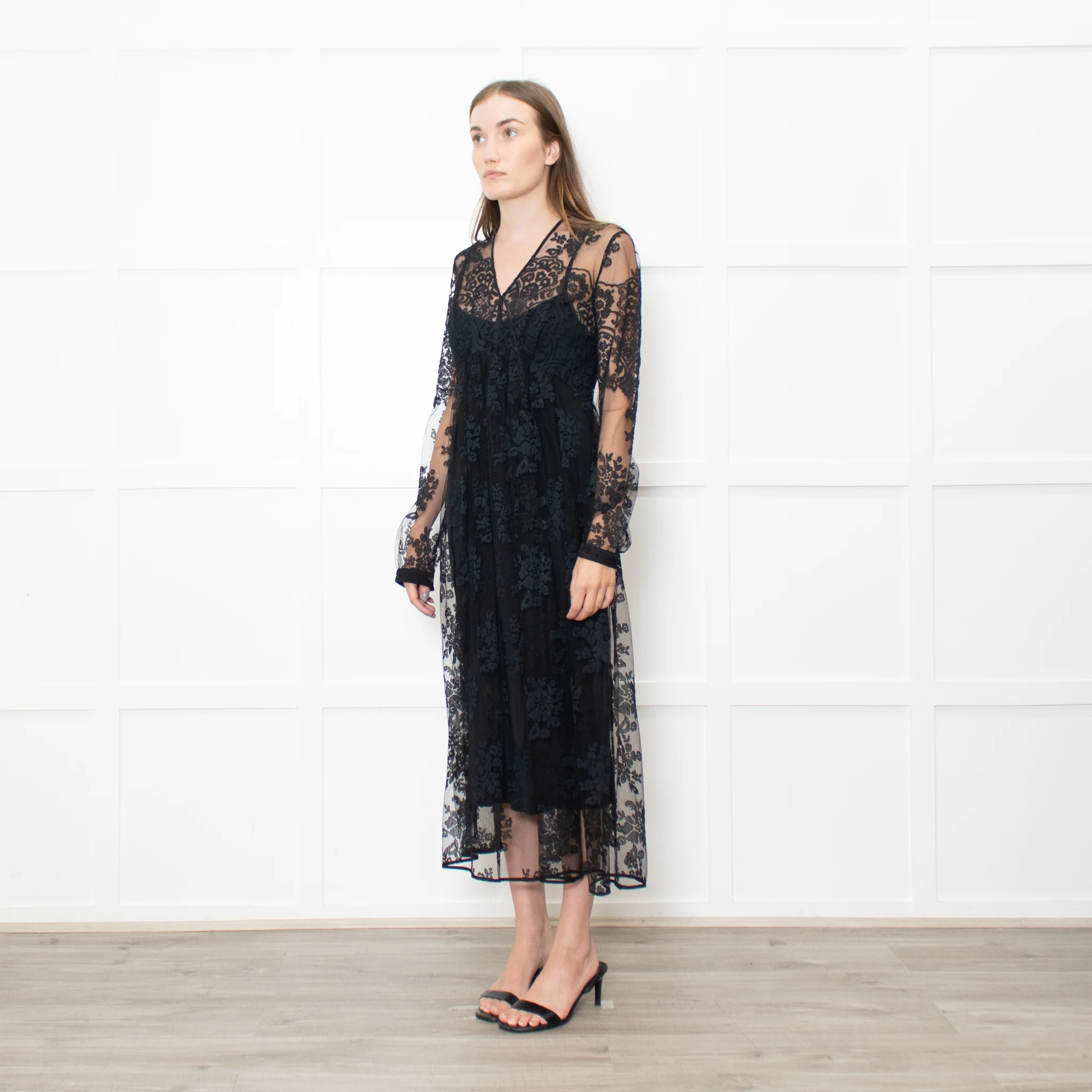Burberry Black Lace Sheer V Neck Midi Dress - Image 3