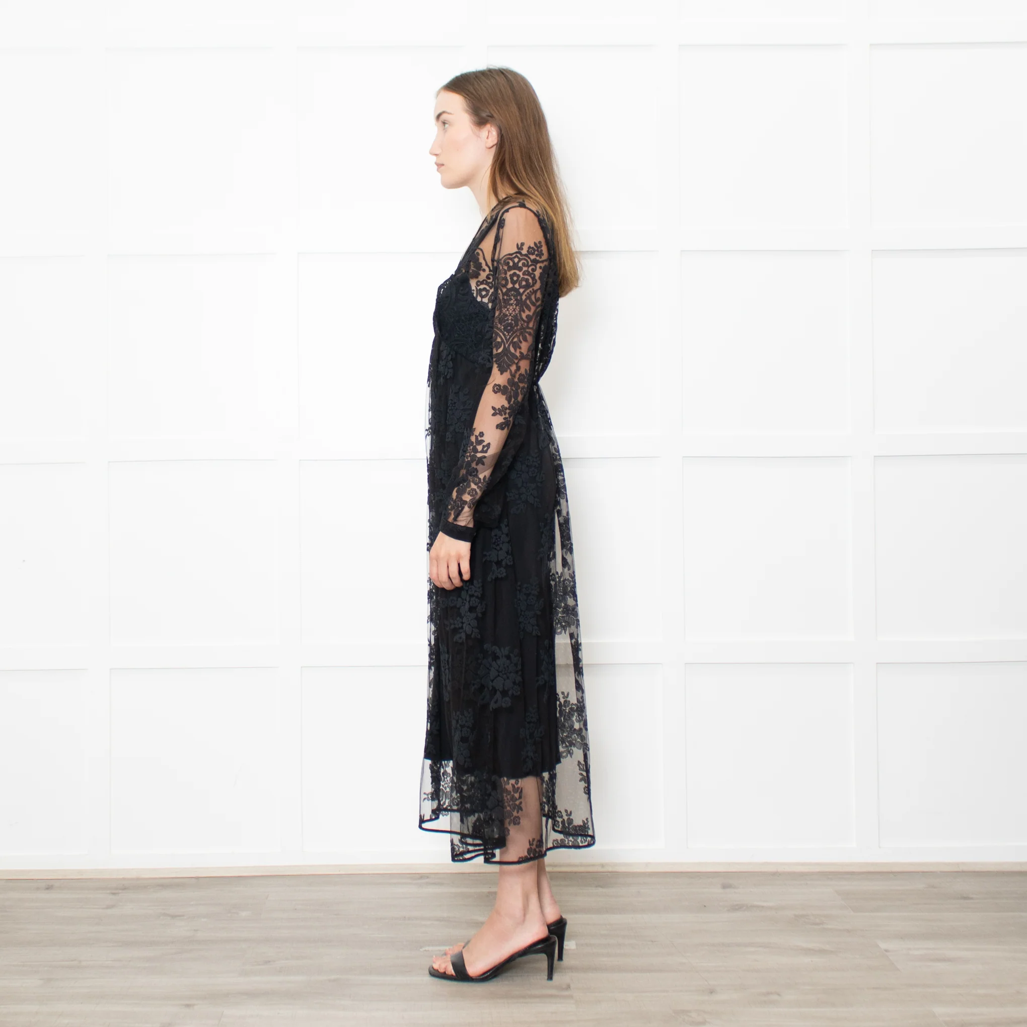 Burberry Black Lace Sheer V Neck Midi Dress - Image 4