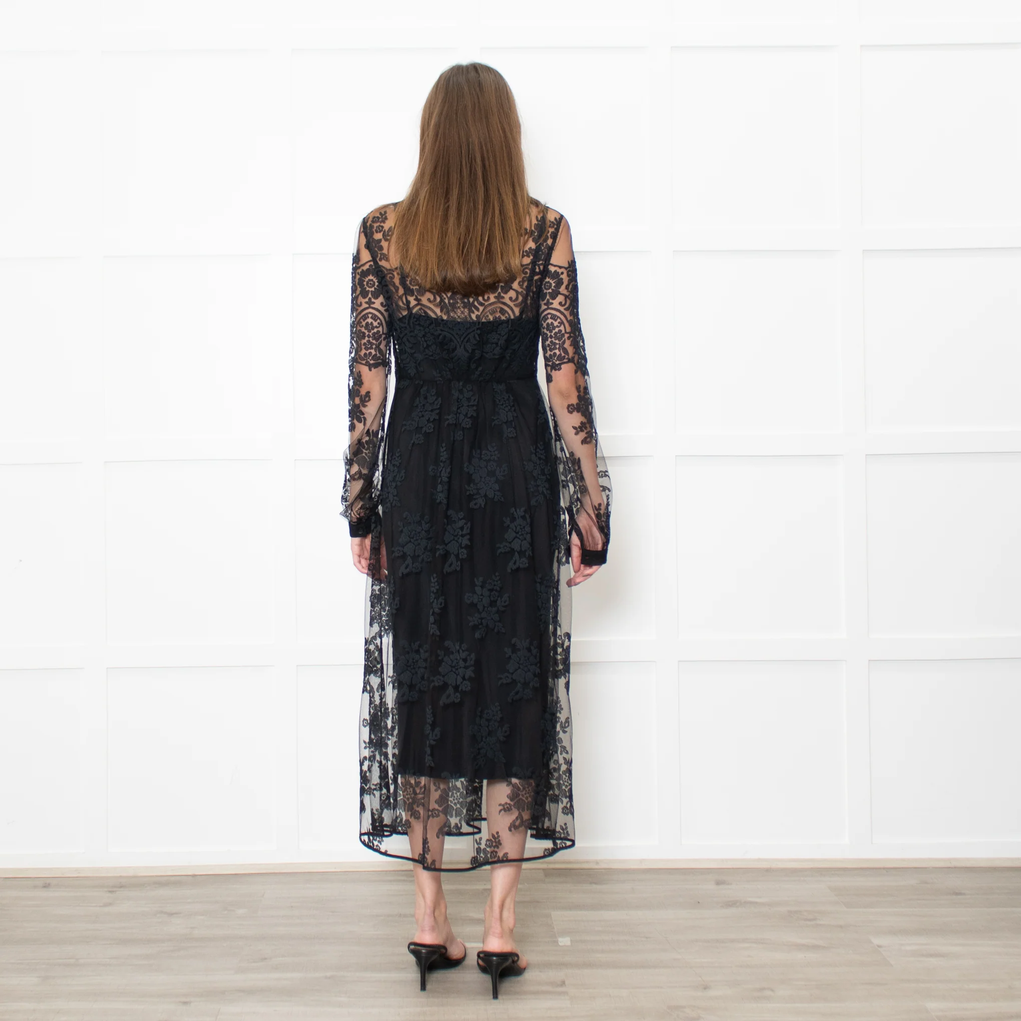 Burberry Black Lace Sheer V Neck Midi Dress - Image 5