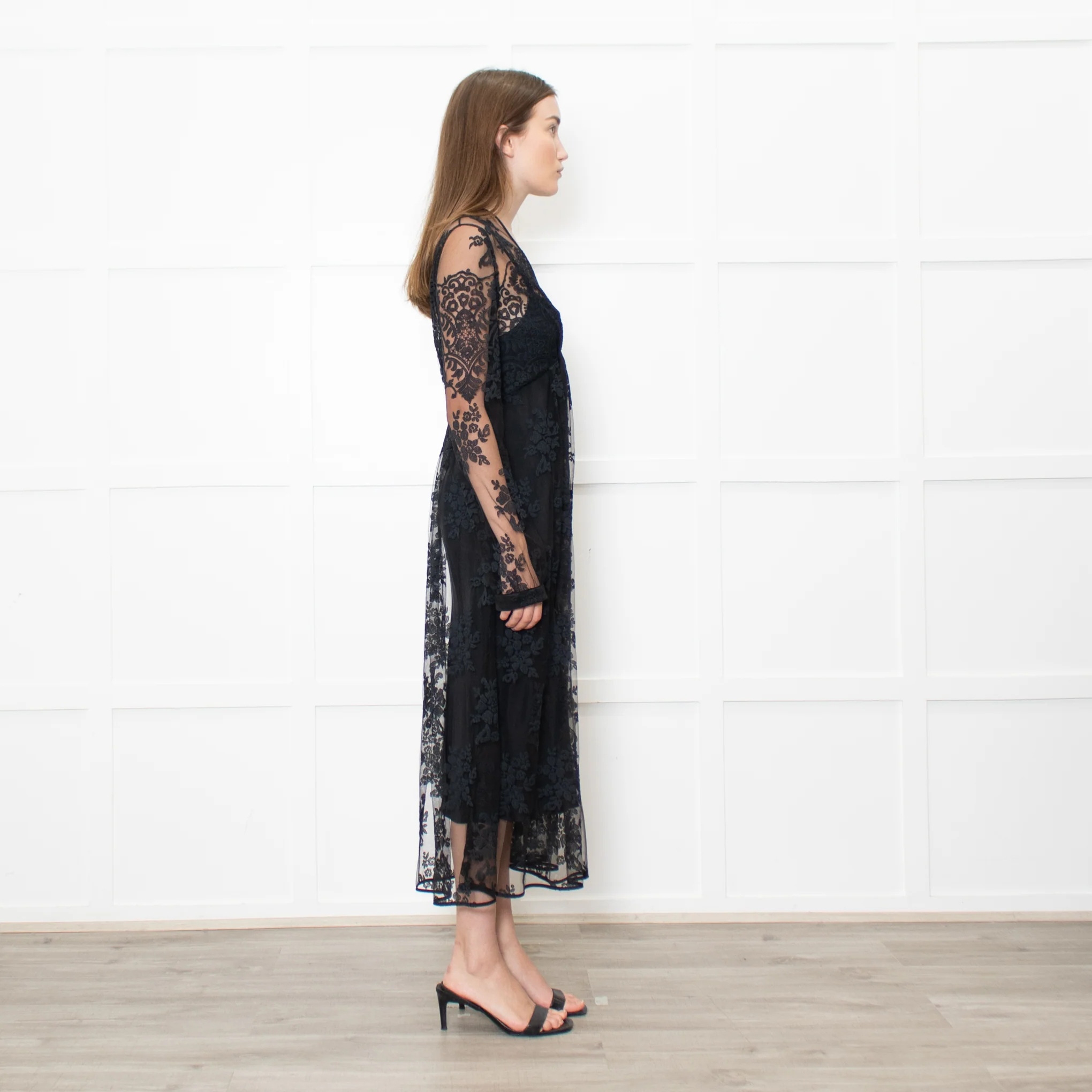 Burberry Black Lace Sheer V Neck Midi Dress - Image 6
