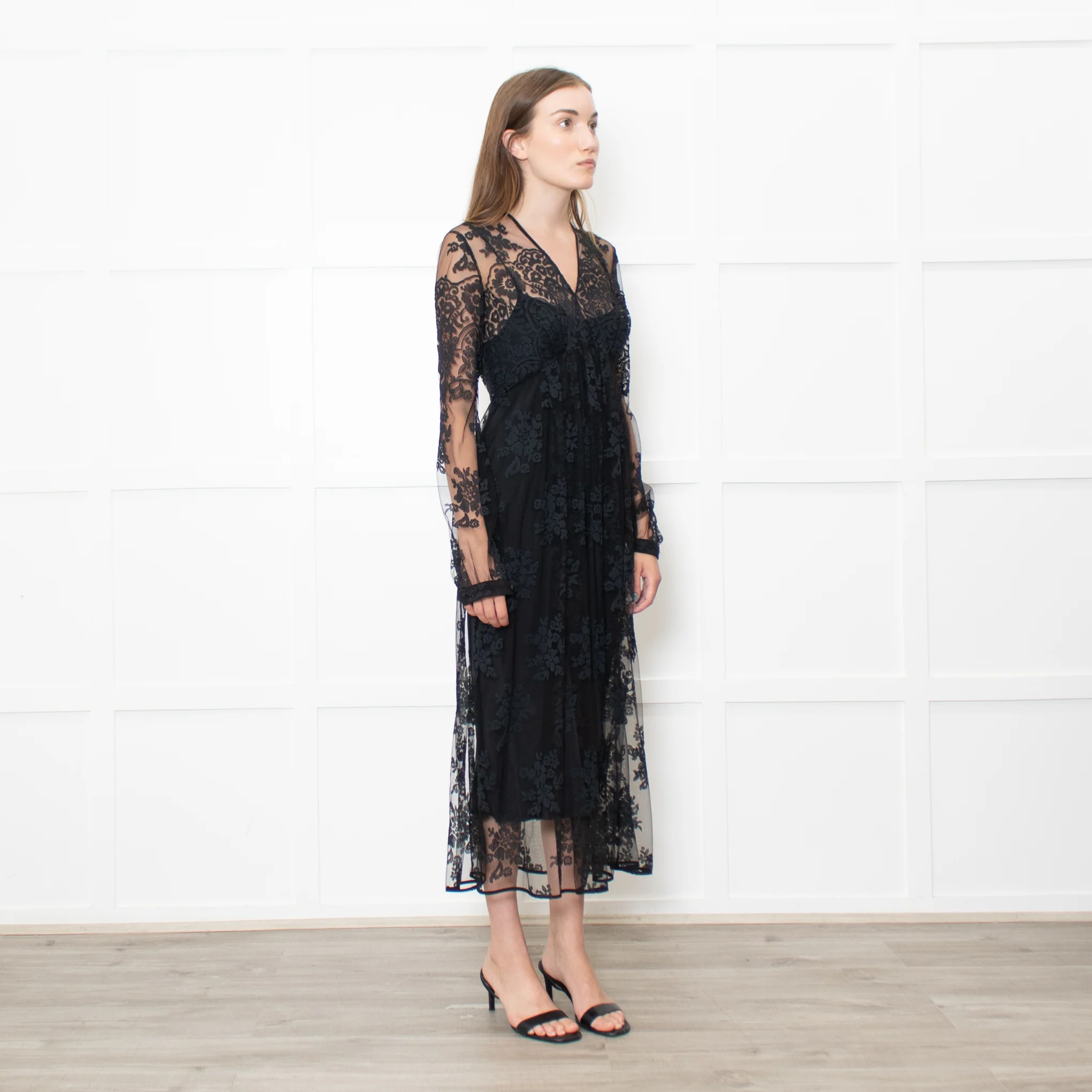 Burberry Black Lace Sheer V Neck Midi Dress - Image 7