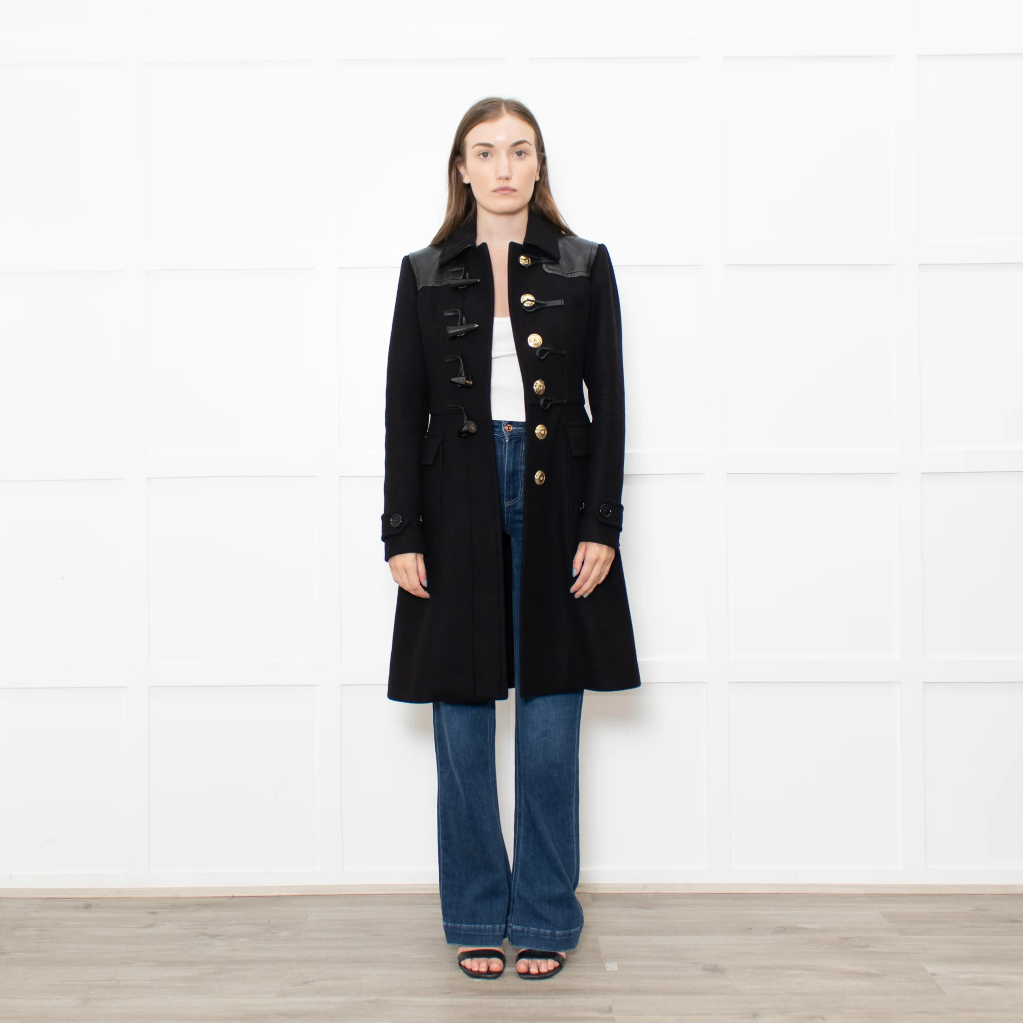 Burberry Black Wool Duffle Coat With Leather Shoulder Inserts
