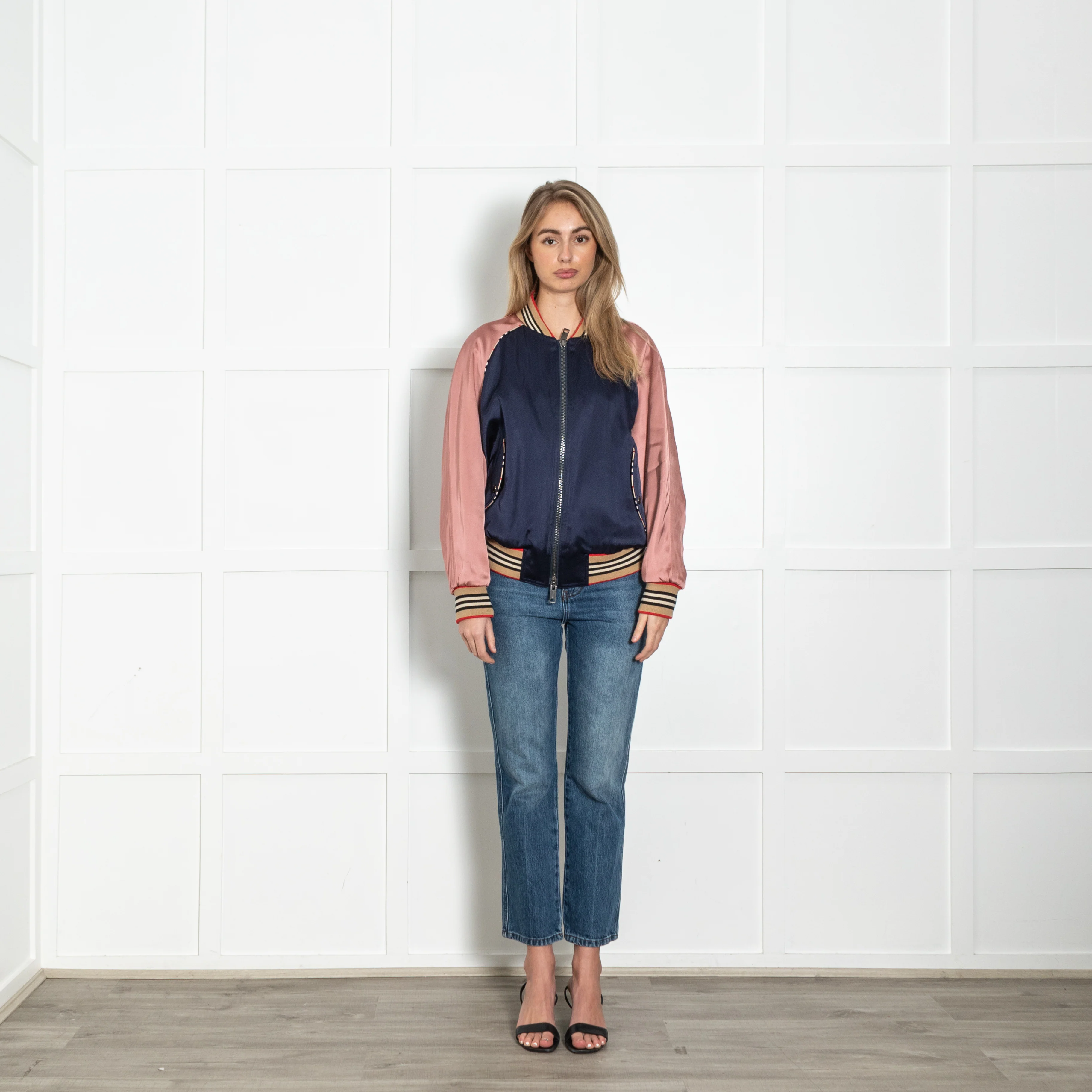 Burberry Blue and Pink Monogram Detail Bomber Jacket