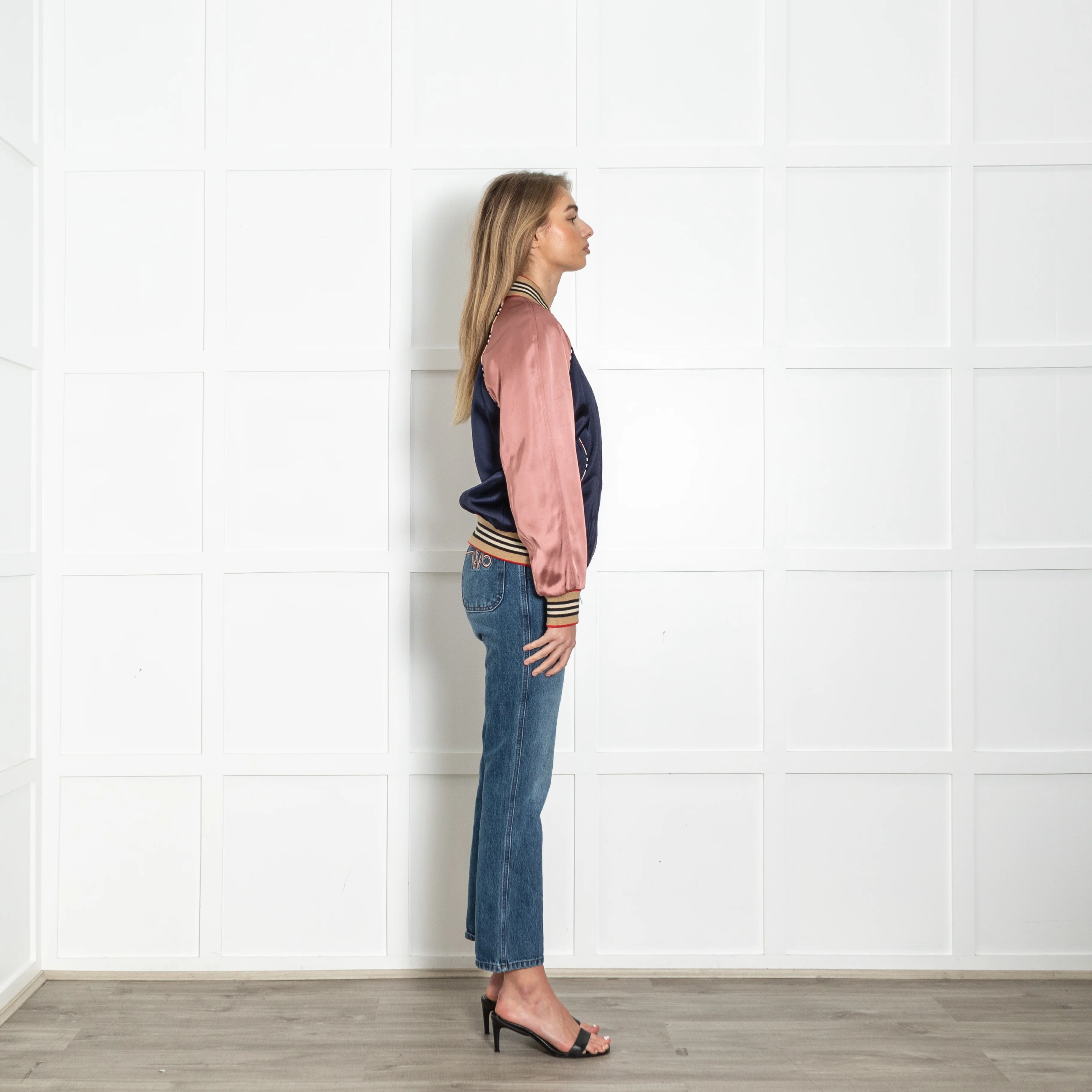 Burberry Blue and Pink Monogram Detail Bomber Jacket - Image 6