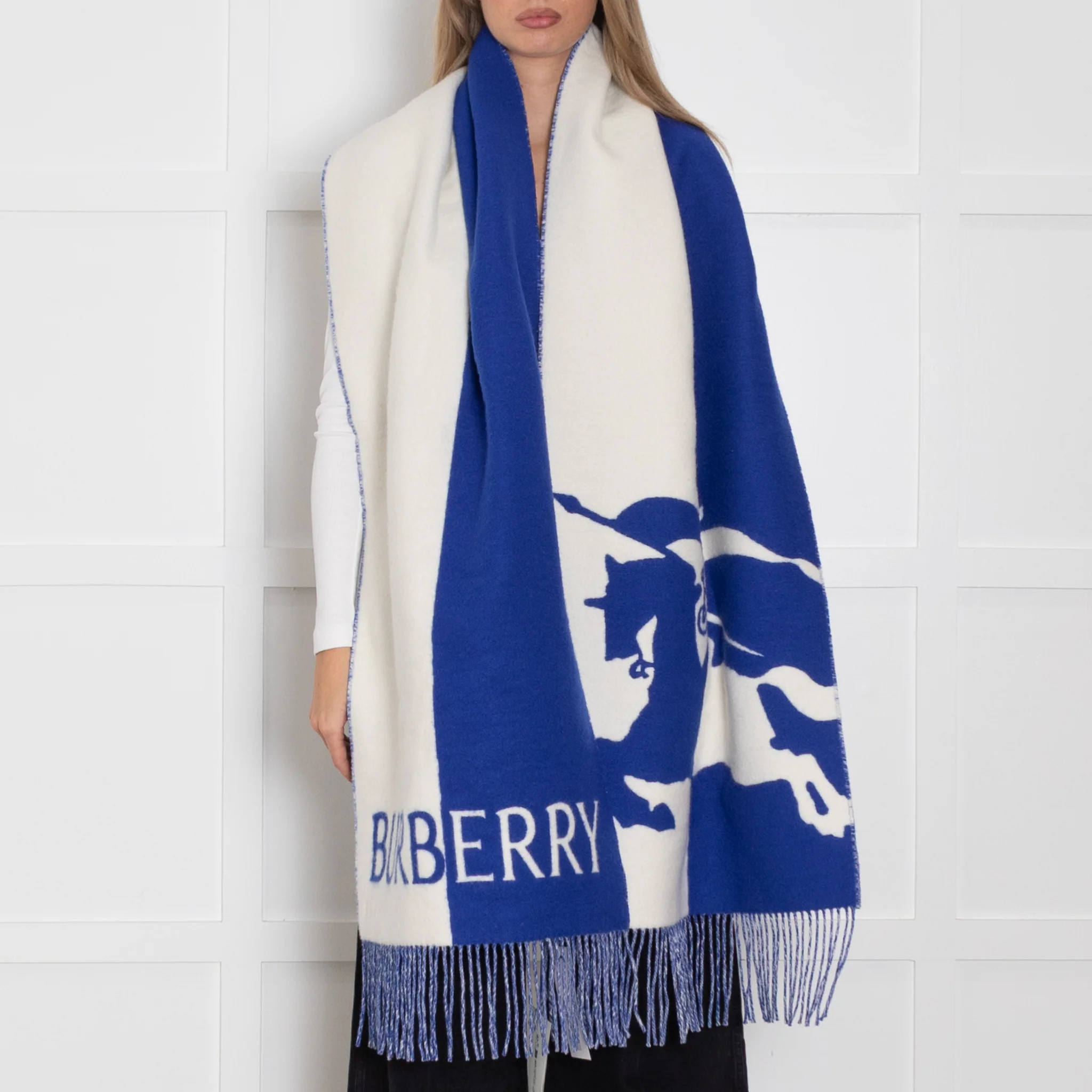Burberry Blue White EKD Cashmere Blend Scarf