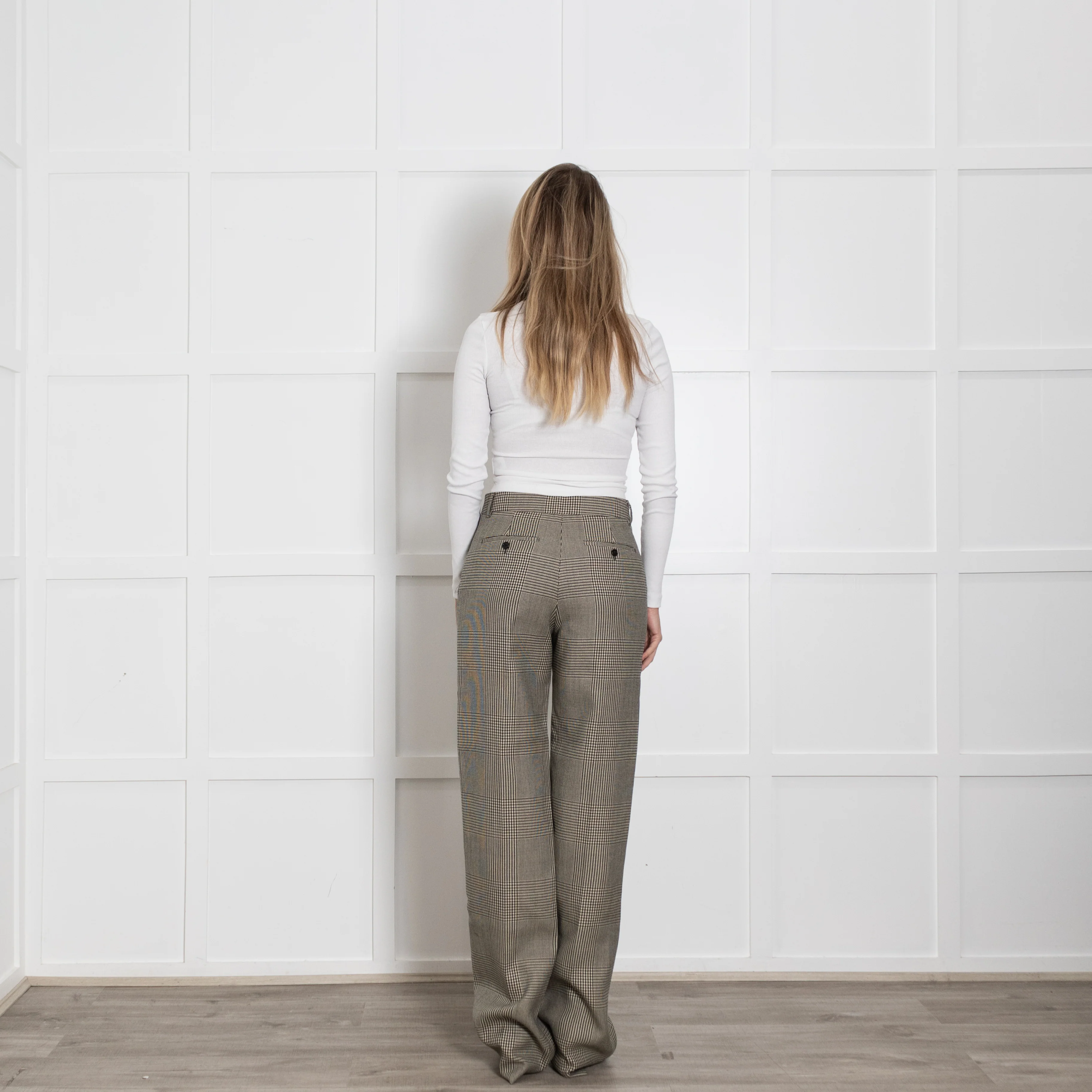 Burberry Grey Check With Yellow High Waist Trousers - Image 5