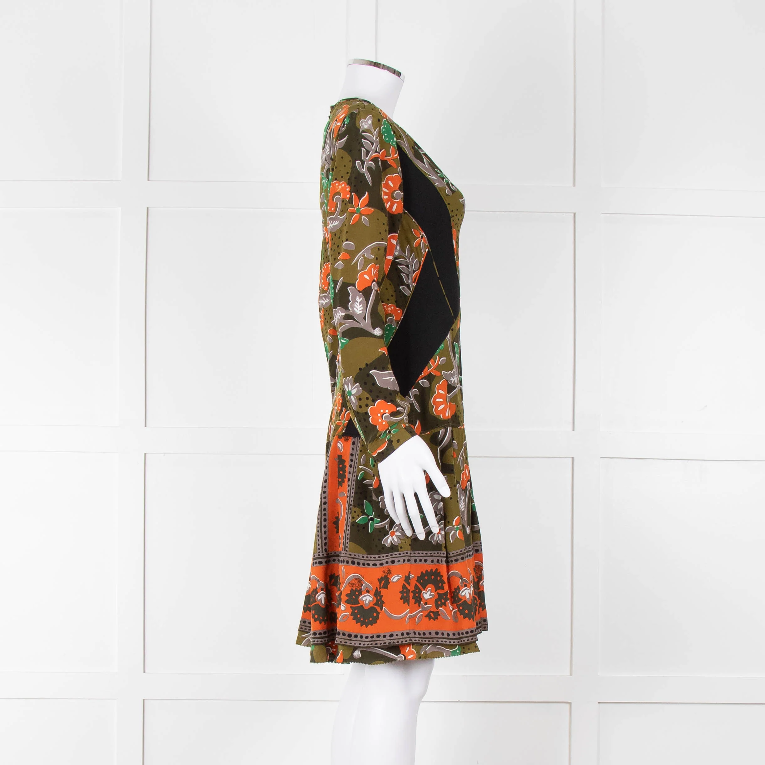 Burberry Khaki Orange Floral V-Neck Long Sleeve Dress - Image 3