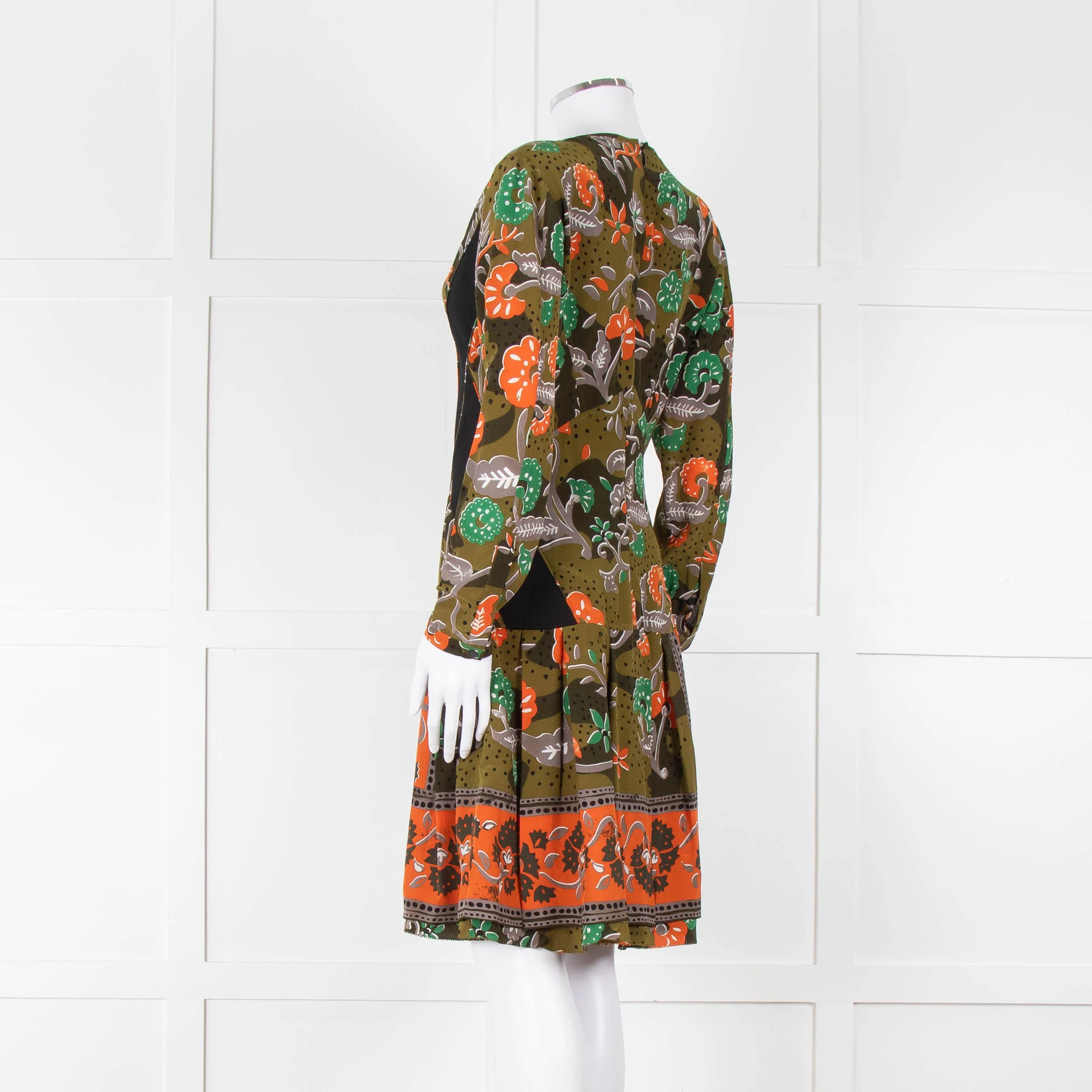 Burberry Khaki Orange Floral V-Neck Long Sleeve Dress - Image 6
