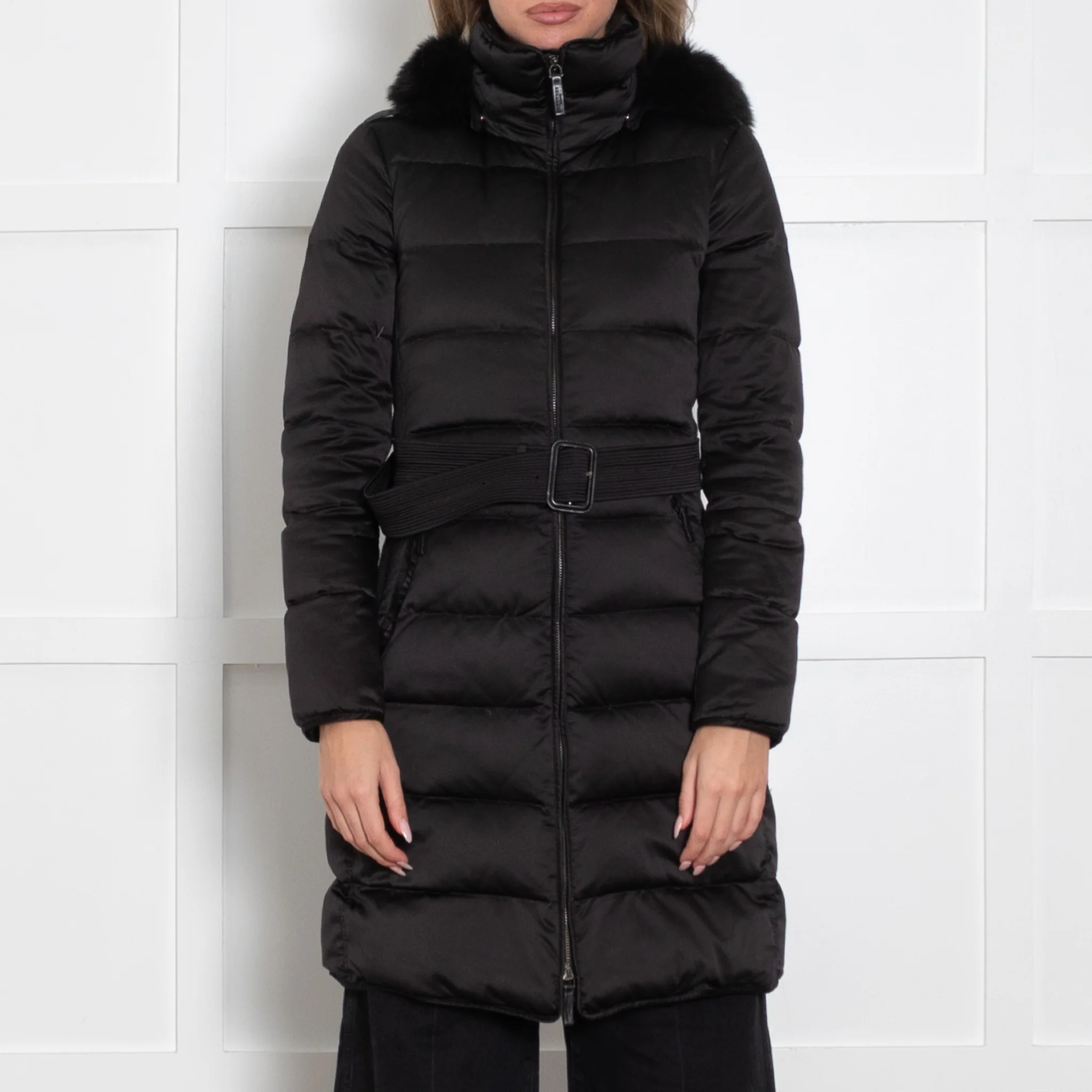 Burberry Prorsum Black Quilted Fur Hood Belted Coat - Image 2