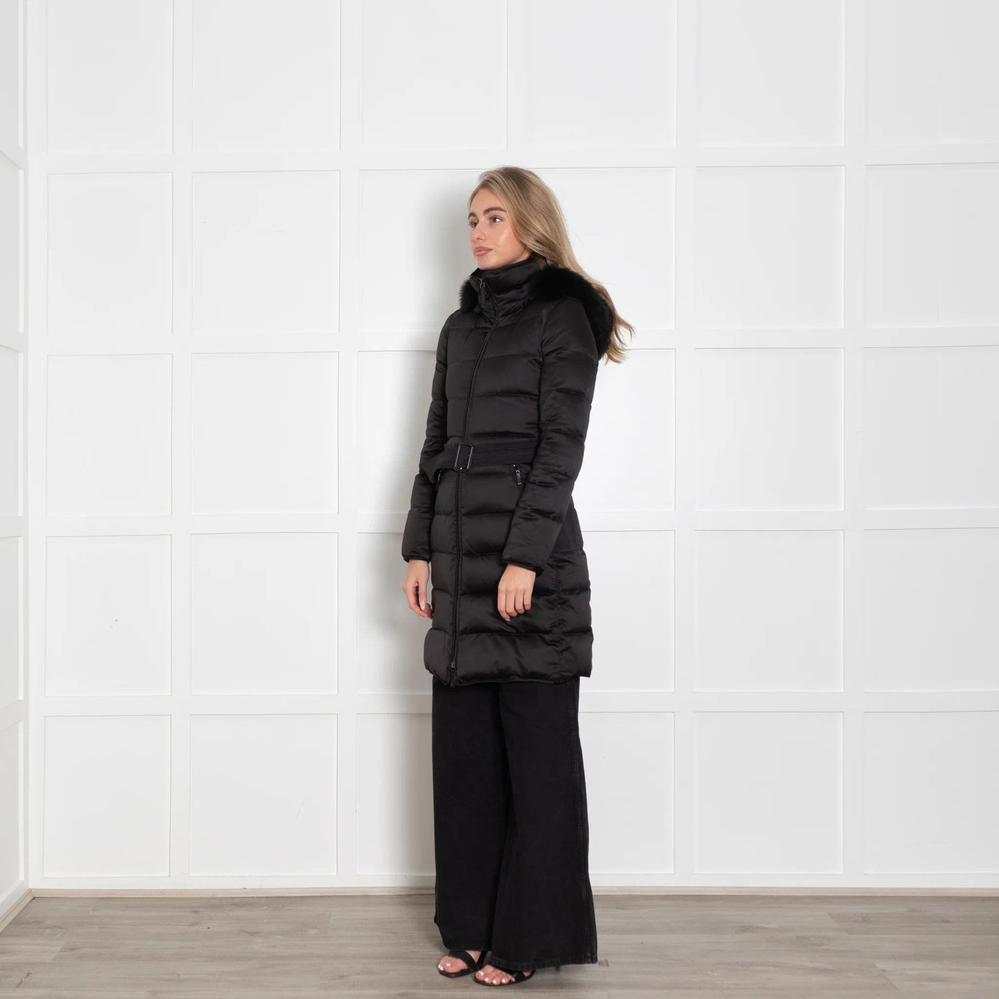 Burberry Prorsum Black Quilted Fur Hood Belted Coat - Image 3