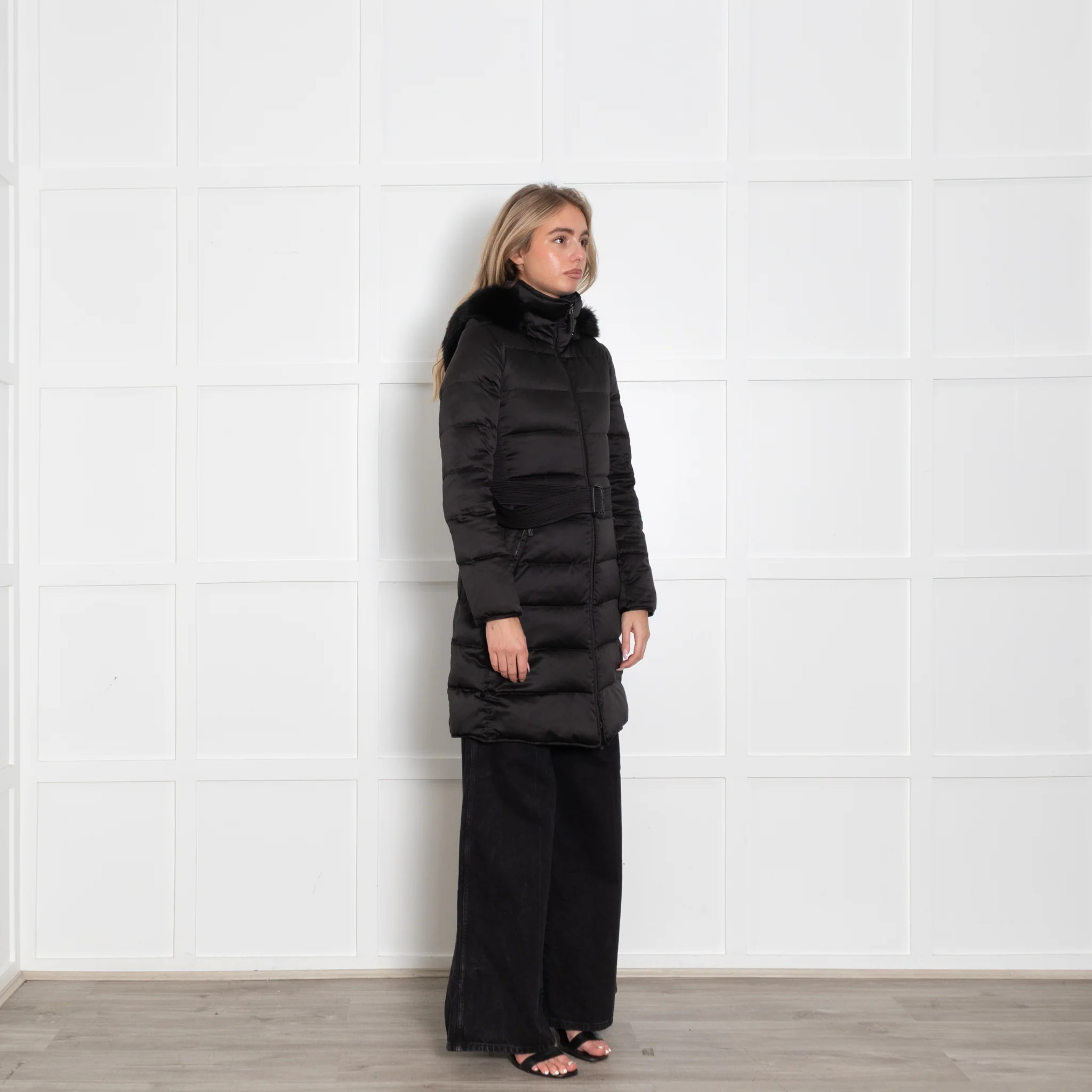 Burberry Prorsum Black Quilted Fur Hood Belted Coat - Image 7
