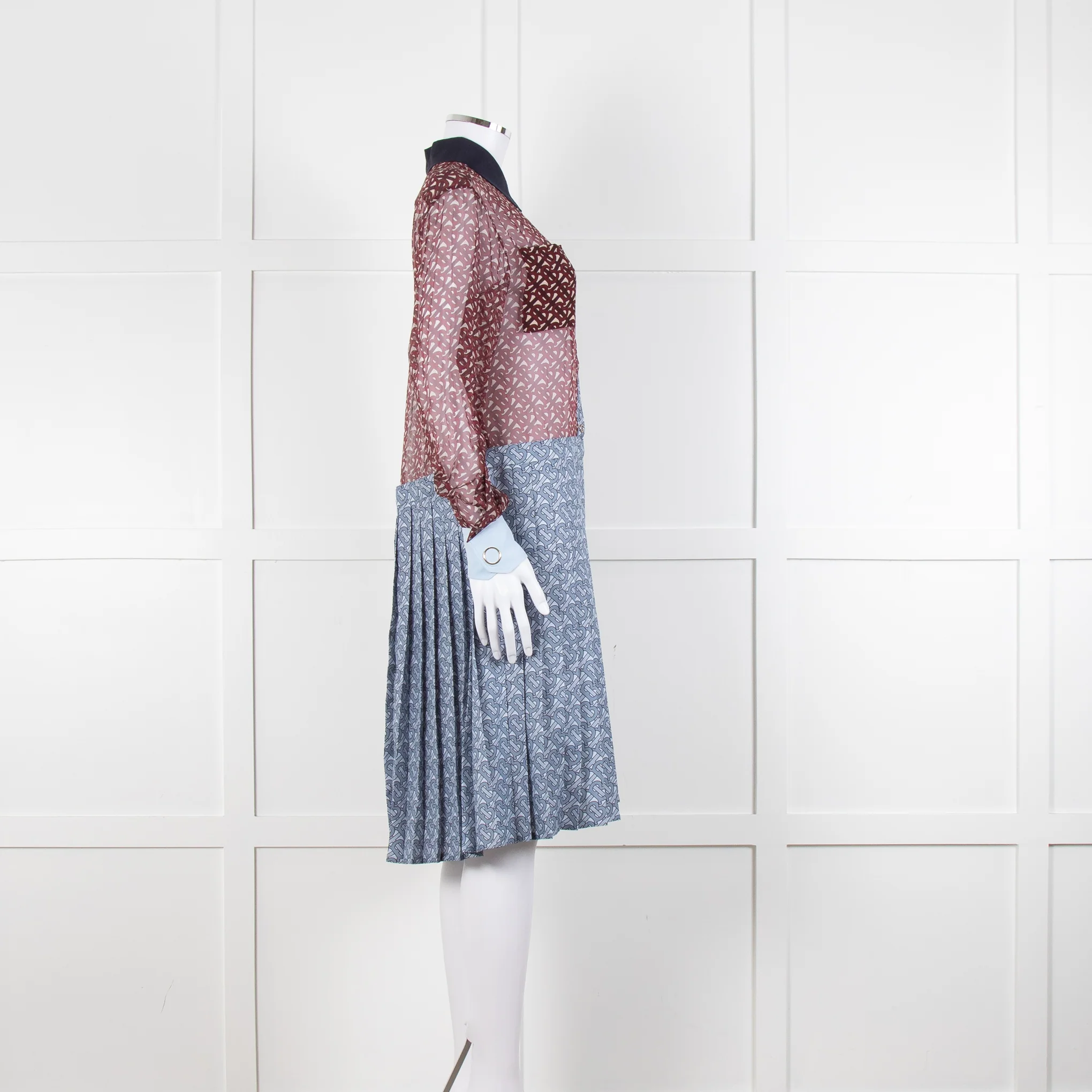 Burberry Shirt Dress with Blue Silk Logo Pleated Skirt and Sheer Burgundy Top - Image 2