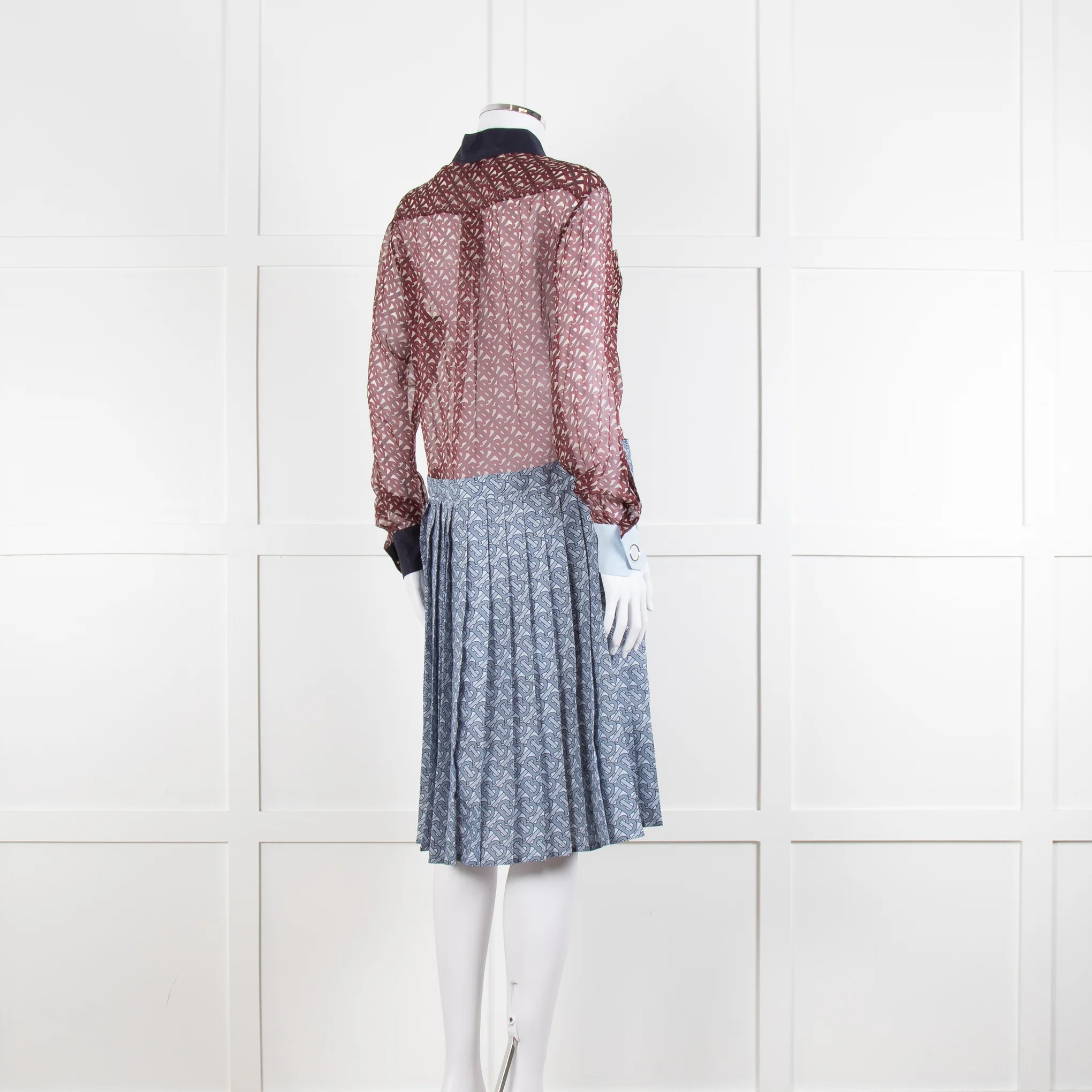 Burberry Shirt Dress with Blue Silk Logo Pleated Skirt and Sheer Burgundy Top - Image 3