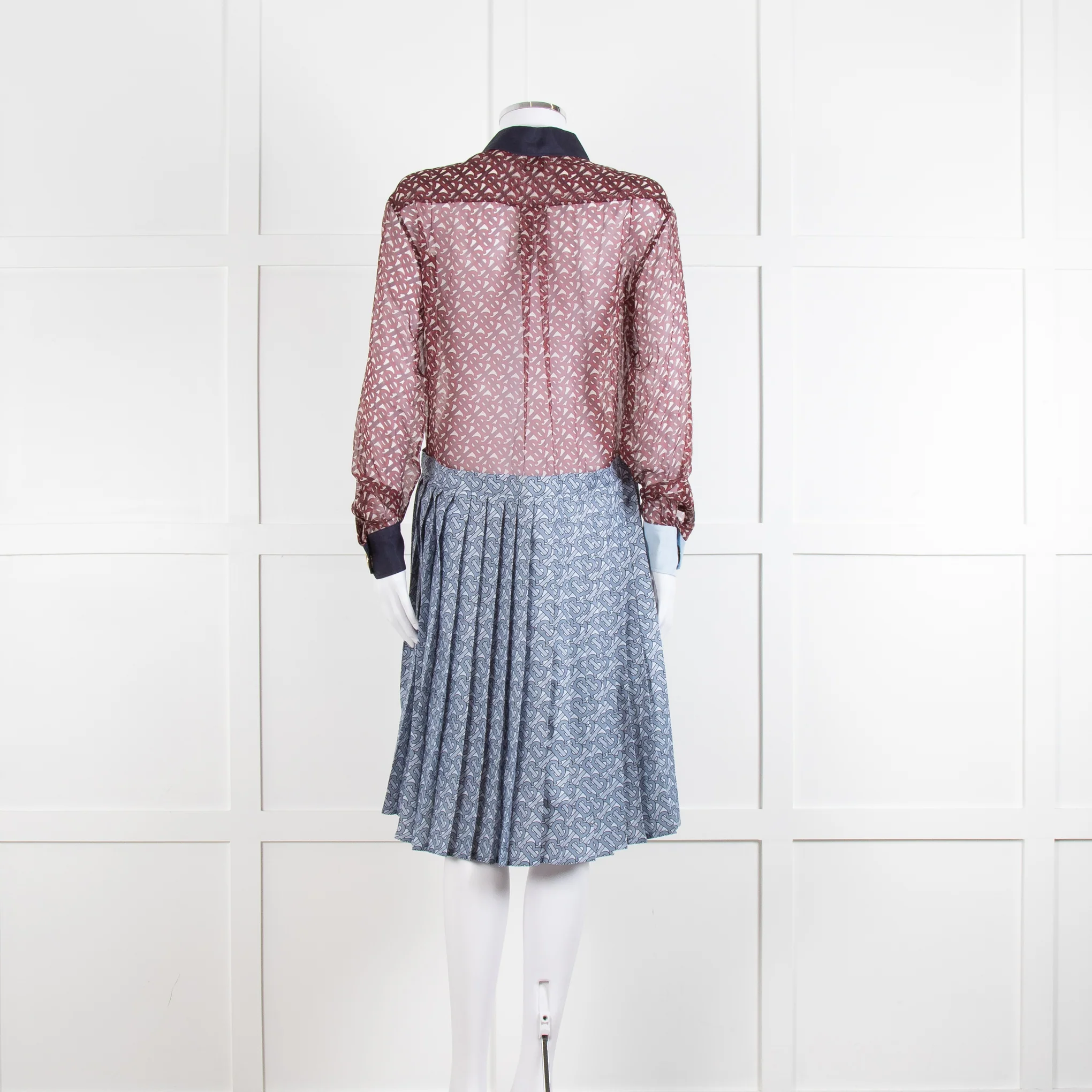 Burberry Shirt Dress with Blue Silk Logo Pleated Skirt and Sheer Burgundy Top - Image 4
