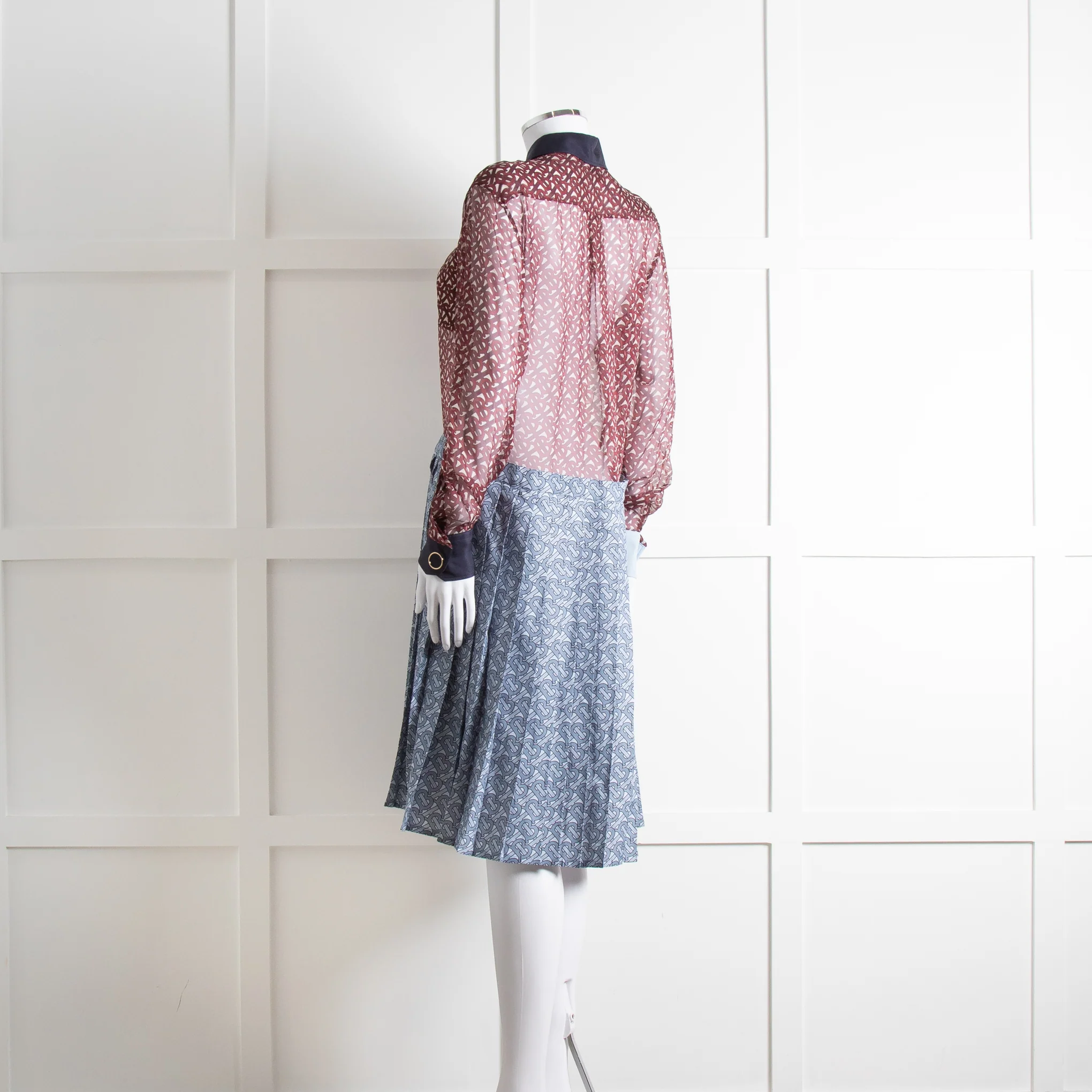 Burberry Shirt Dress with Blue Silk Logo Pleated Skirt and Sheer Burgundy Top - Image 5
