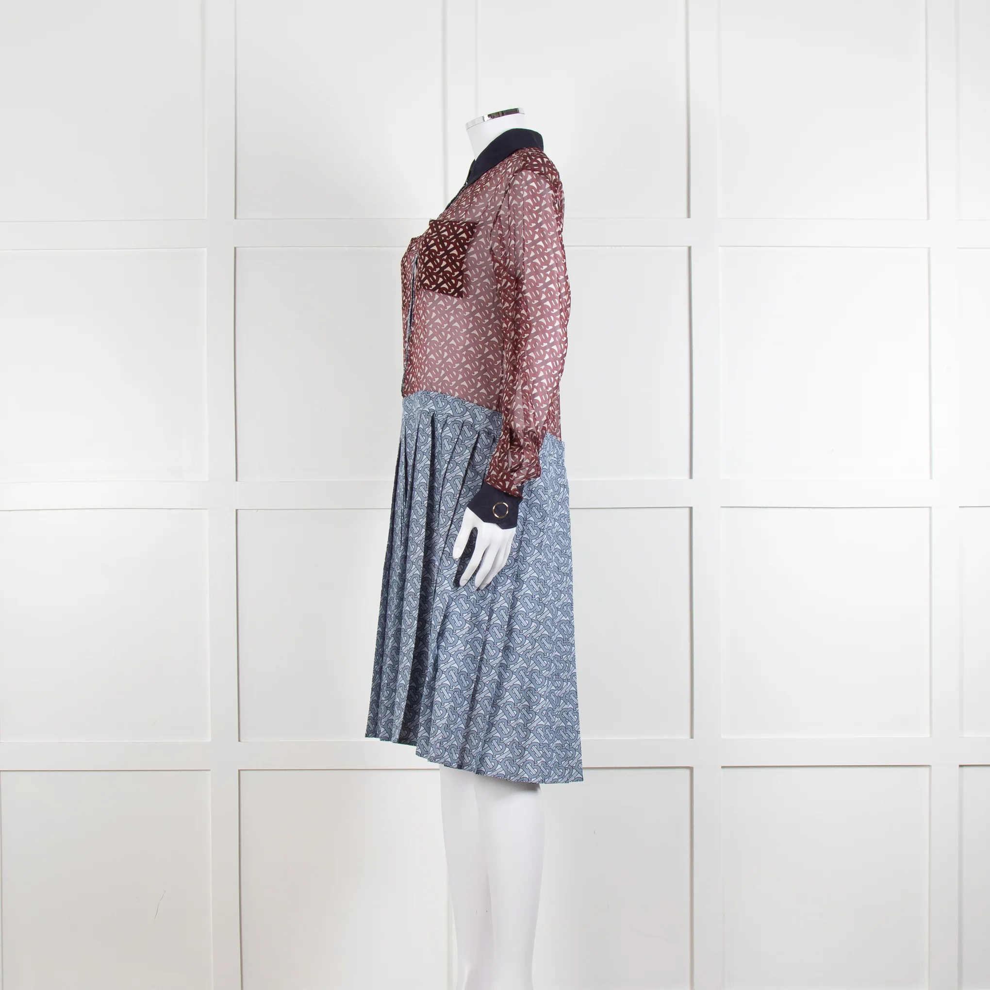Burberry Shirt Dress with Blue Silk Logo Pleated Skirt and Sheer Burgundy Top - Image 6