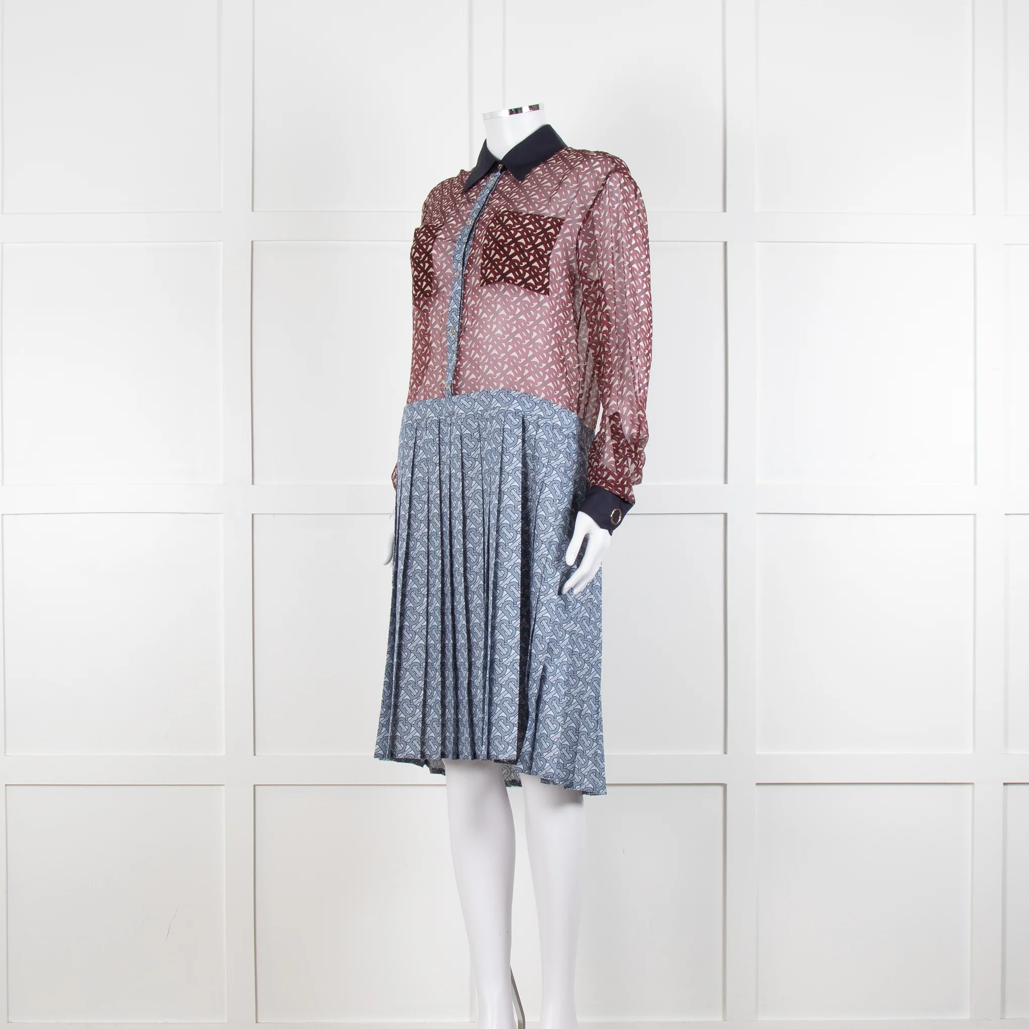 Burberry Shirt Dress with Blue Silk Logo Pleated Skirt and Sheer Burgundy Top - Image 7