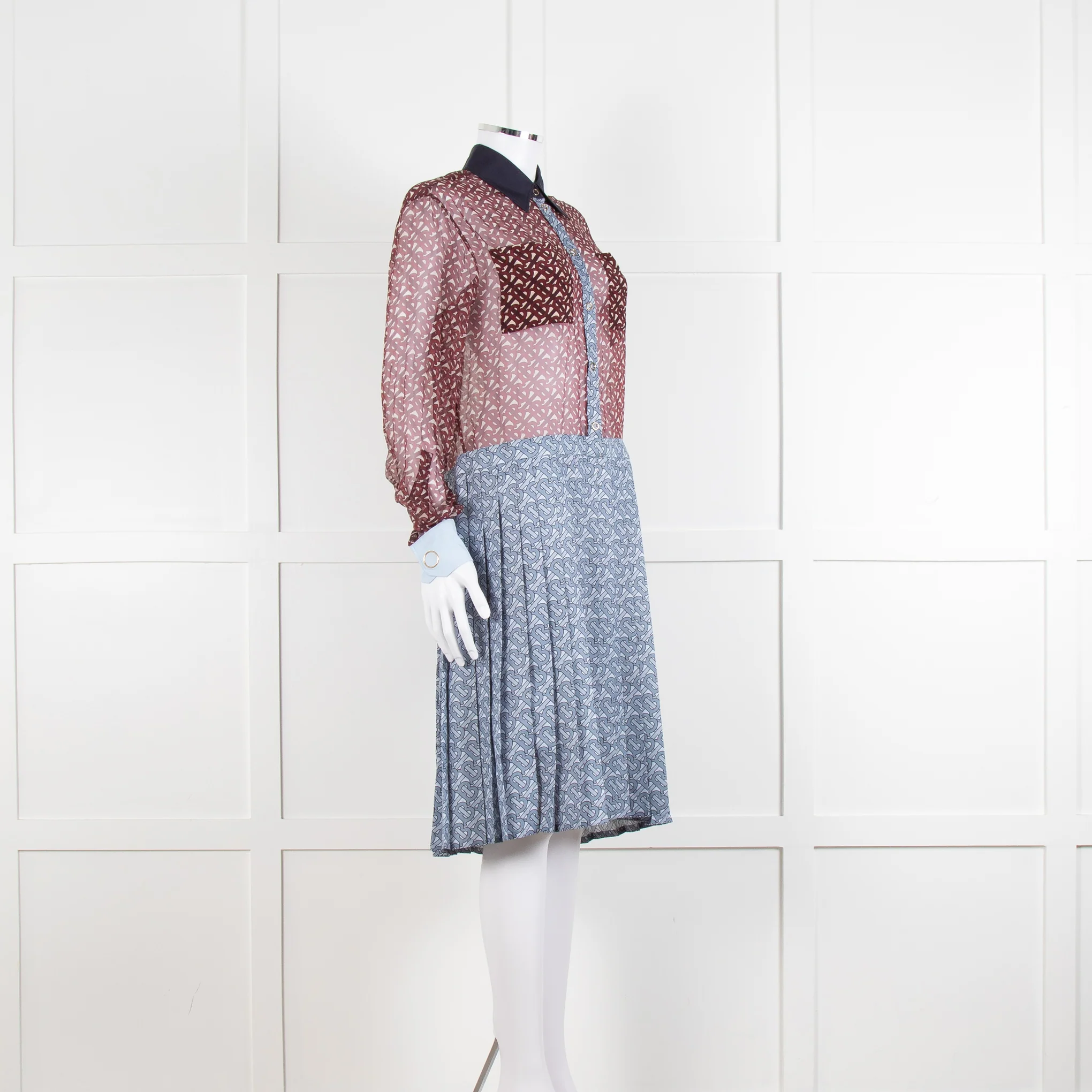 Burberry Shirt Dress with Blue Silk Logo Pleated Skirt and Sheer Burgundy Top - Image 8