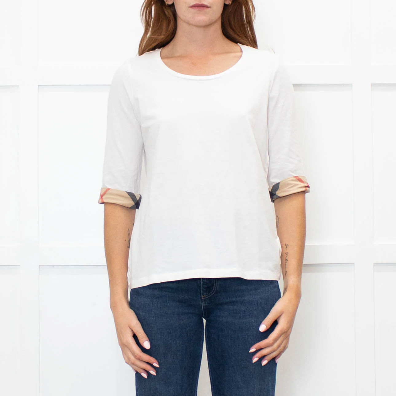 Burberry White Mid Sleeve Top With Check Trim Cuffs - Image 2