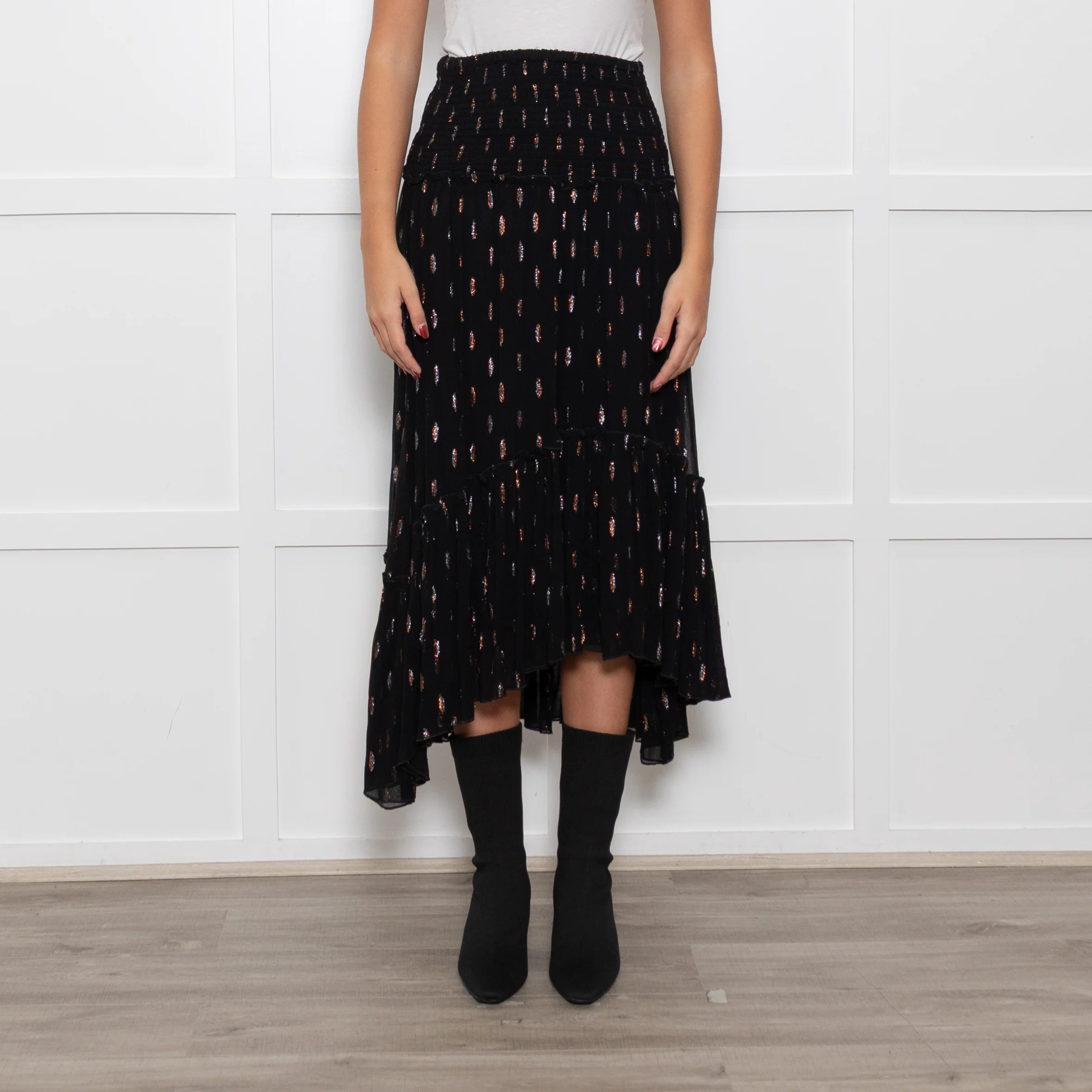 By Iris Black Shirred Waist Black Frill Skirt with Metallic Design - Image 2