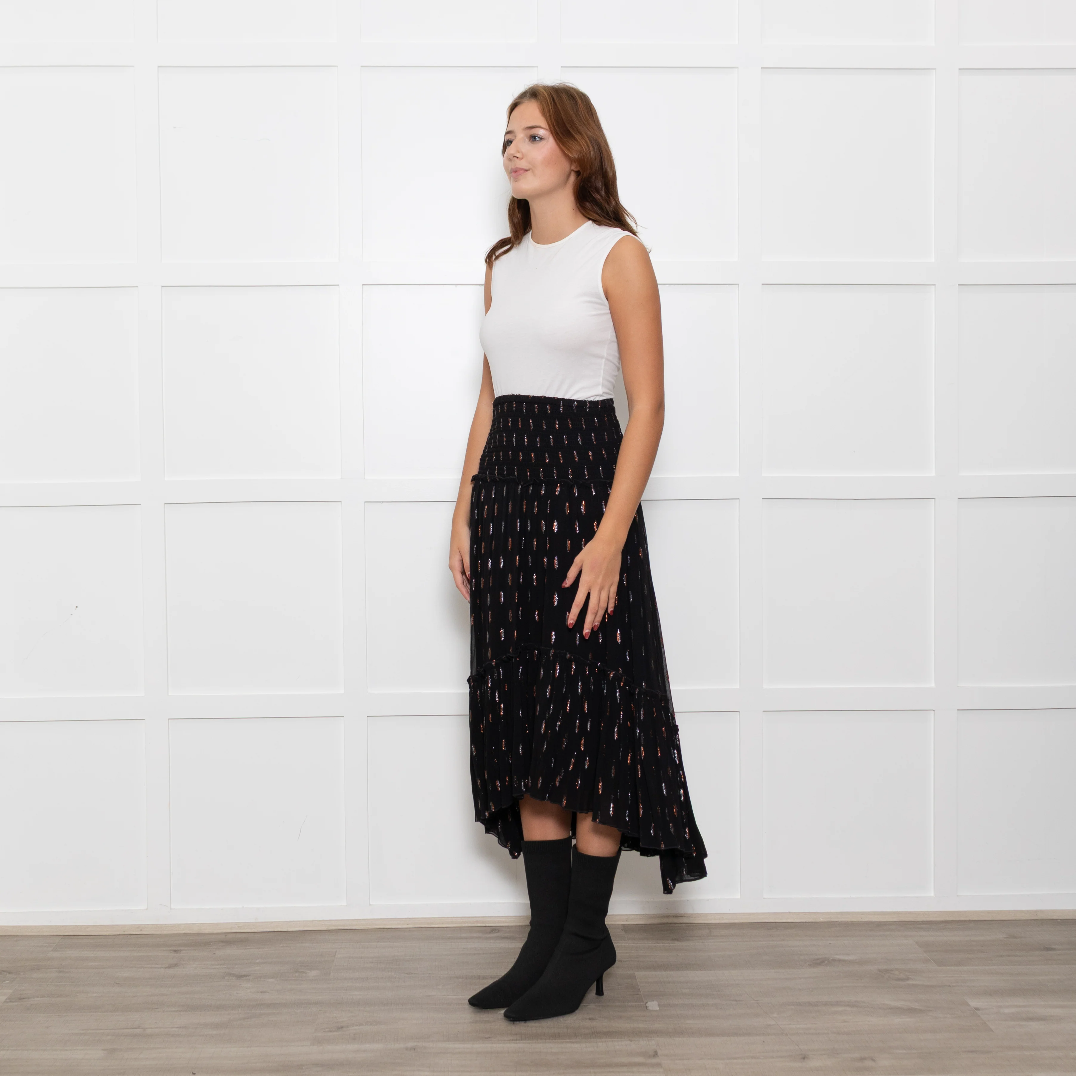 By Iris Black Shirred Waist Black Frill Skirt with Metallic Design - Image 3