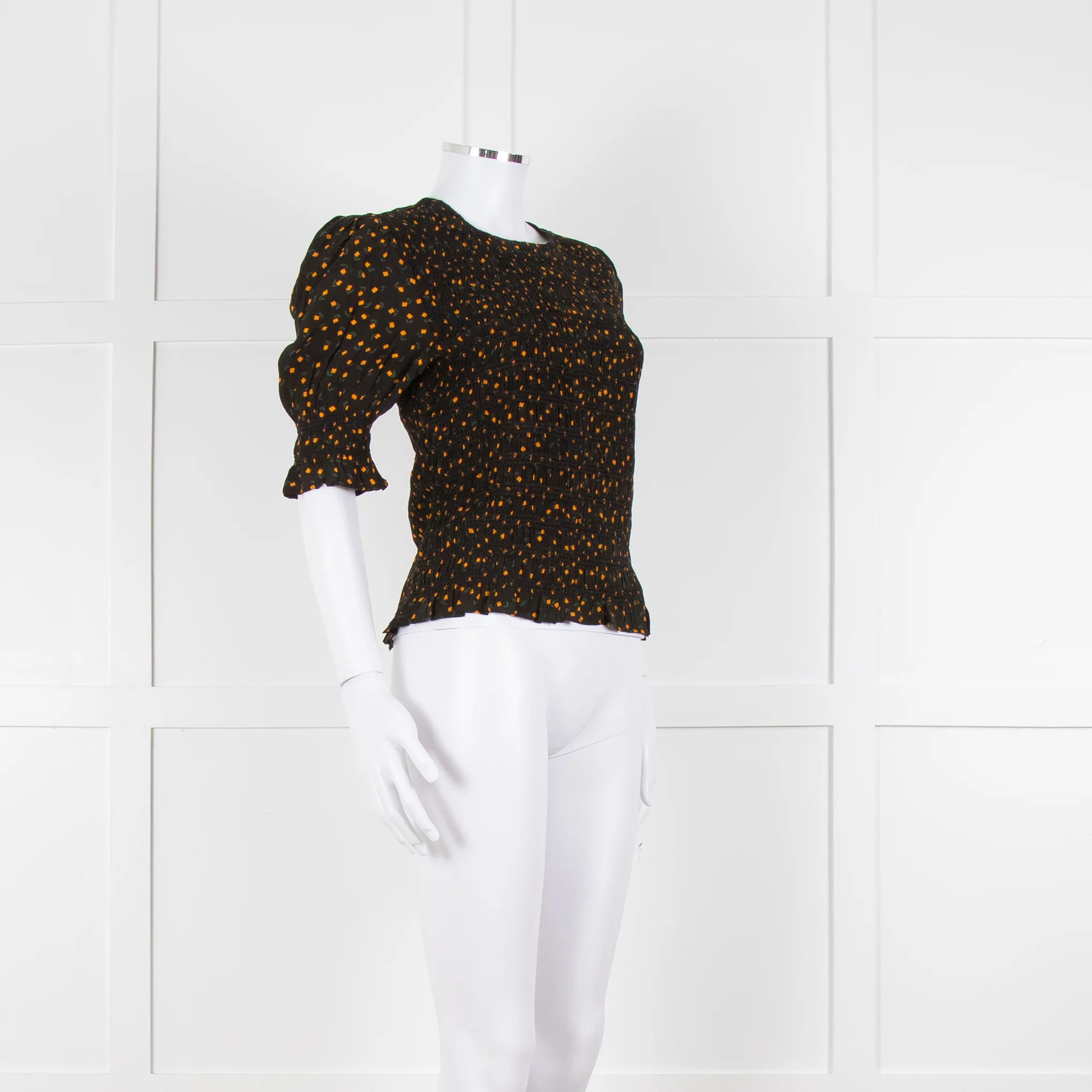 By Iris Black Yellow Green Floral Print Smocking Detail Top - Image 2