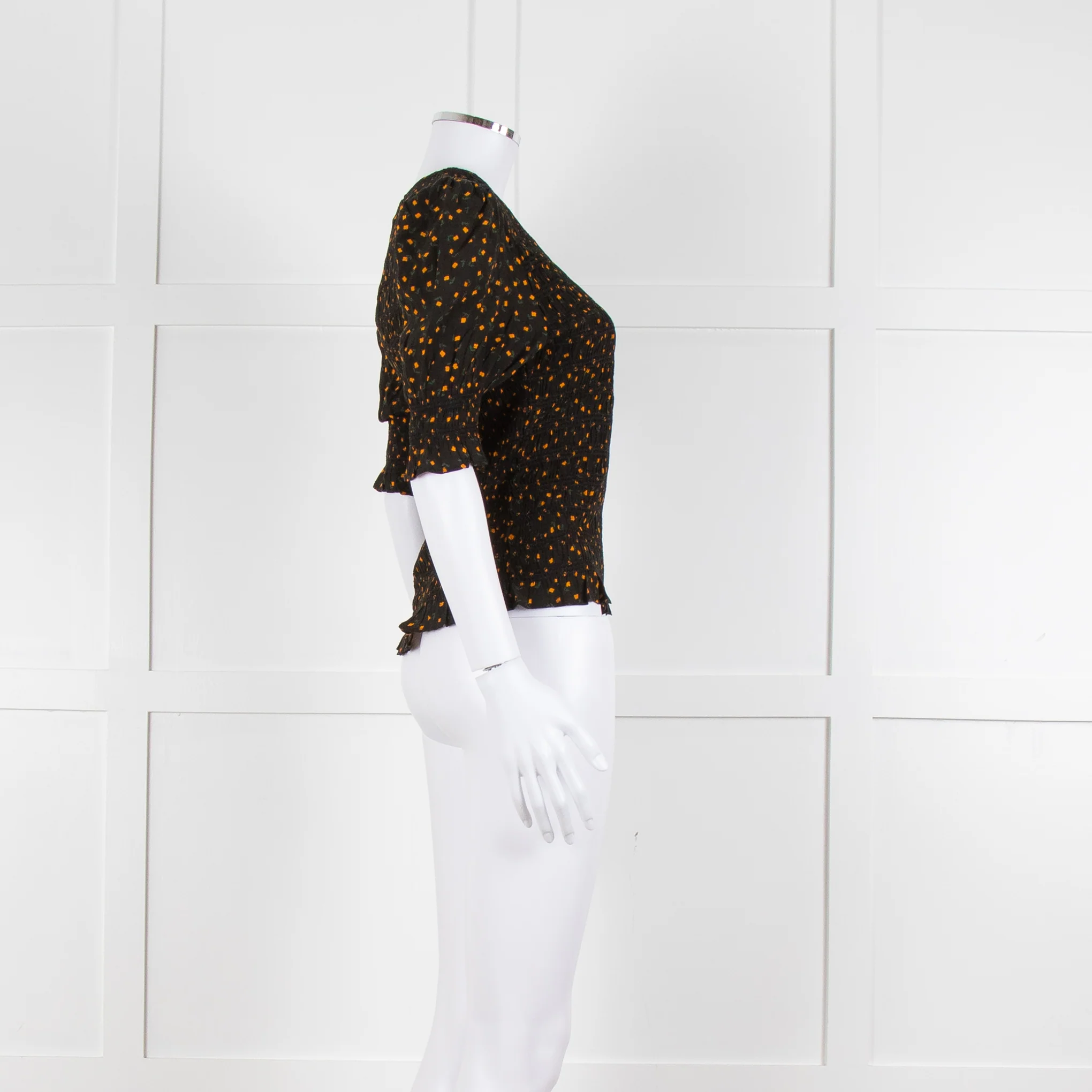 By Iris Black Yellow Green Floral Print Smocking Detail Top - Image 3