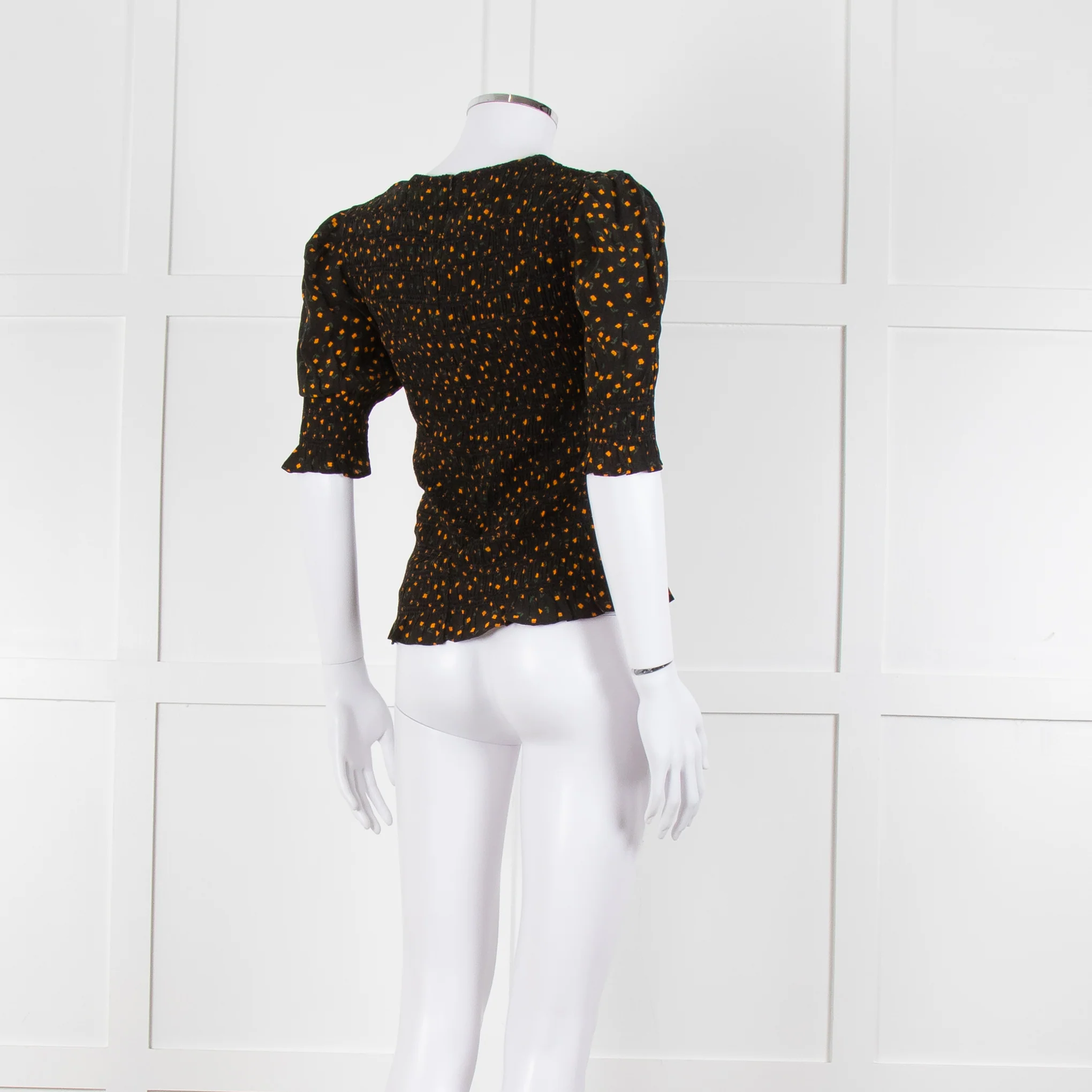 By Iris Black Yellow Green Floral Print Smocking Detail Top - Image 4