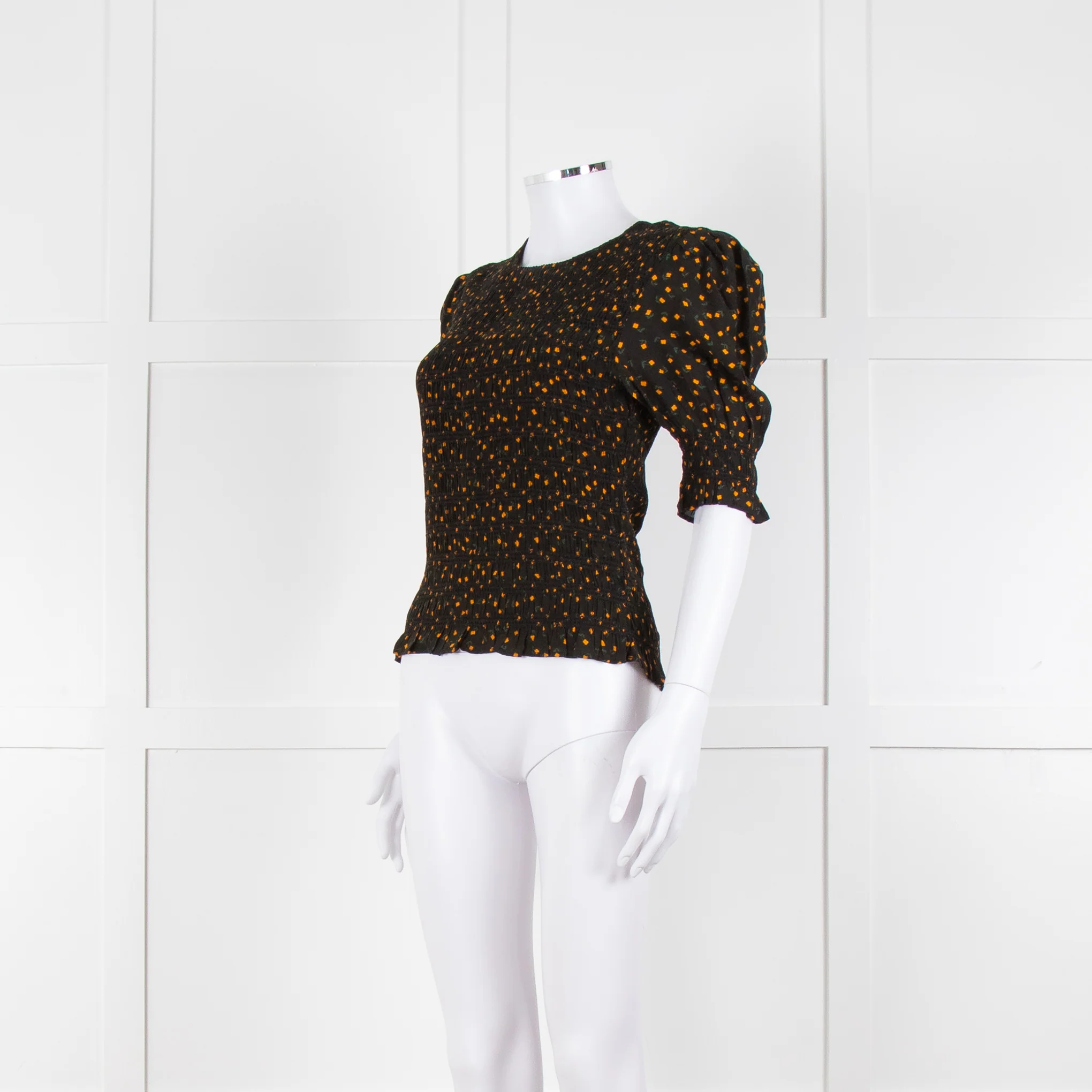 By Iris Black Yellow Green Floral Print Smocking Detail Top - Image 8