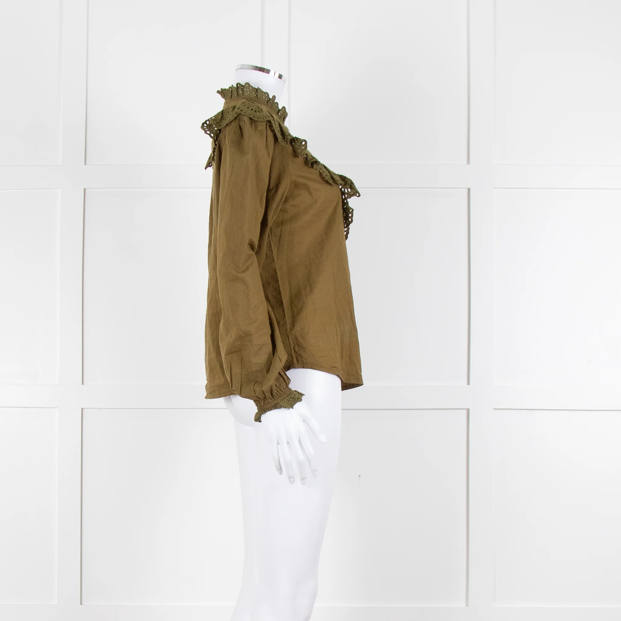 By Iris Khaki Broidery Anglaises Trimmed Blouse - Image 3