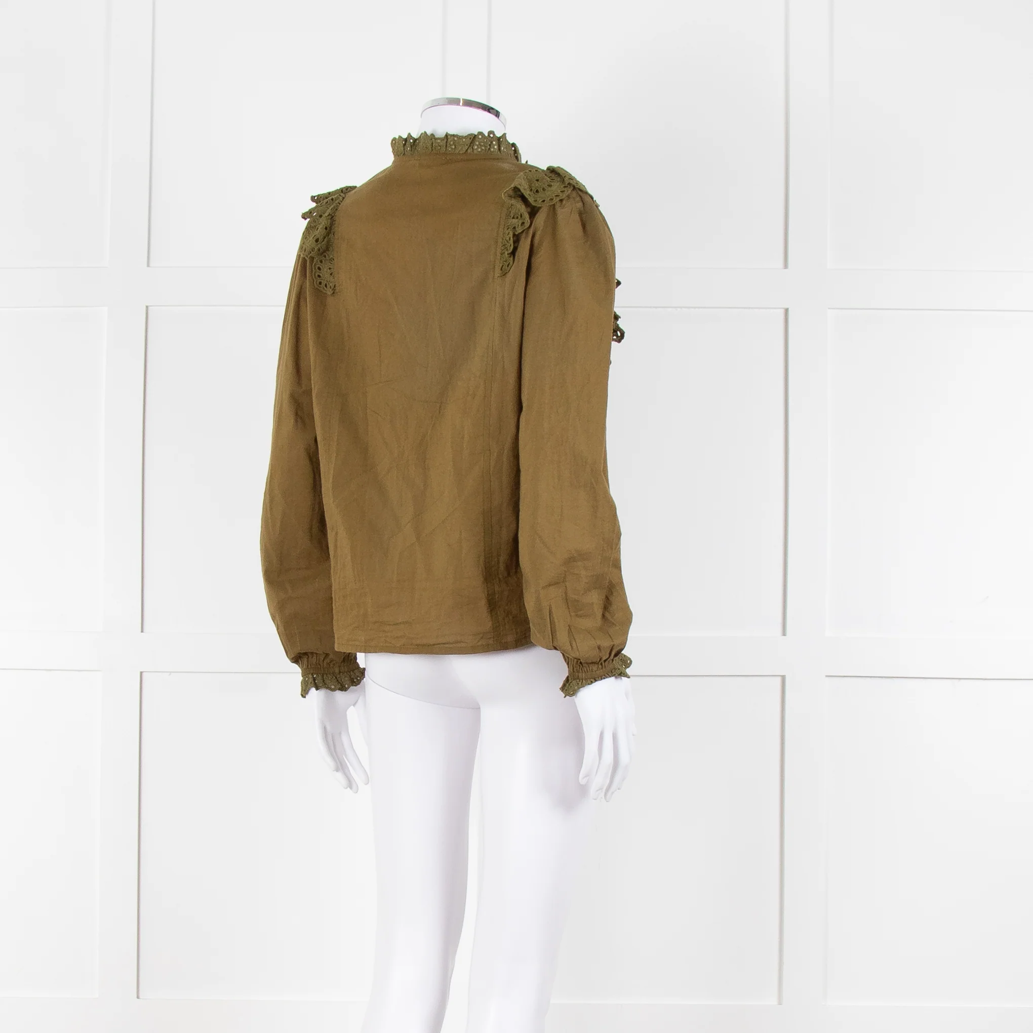 By Iris Khaki Broidery Anglaises Trimmed Blouse - Image 4