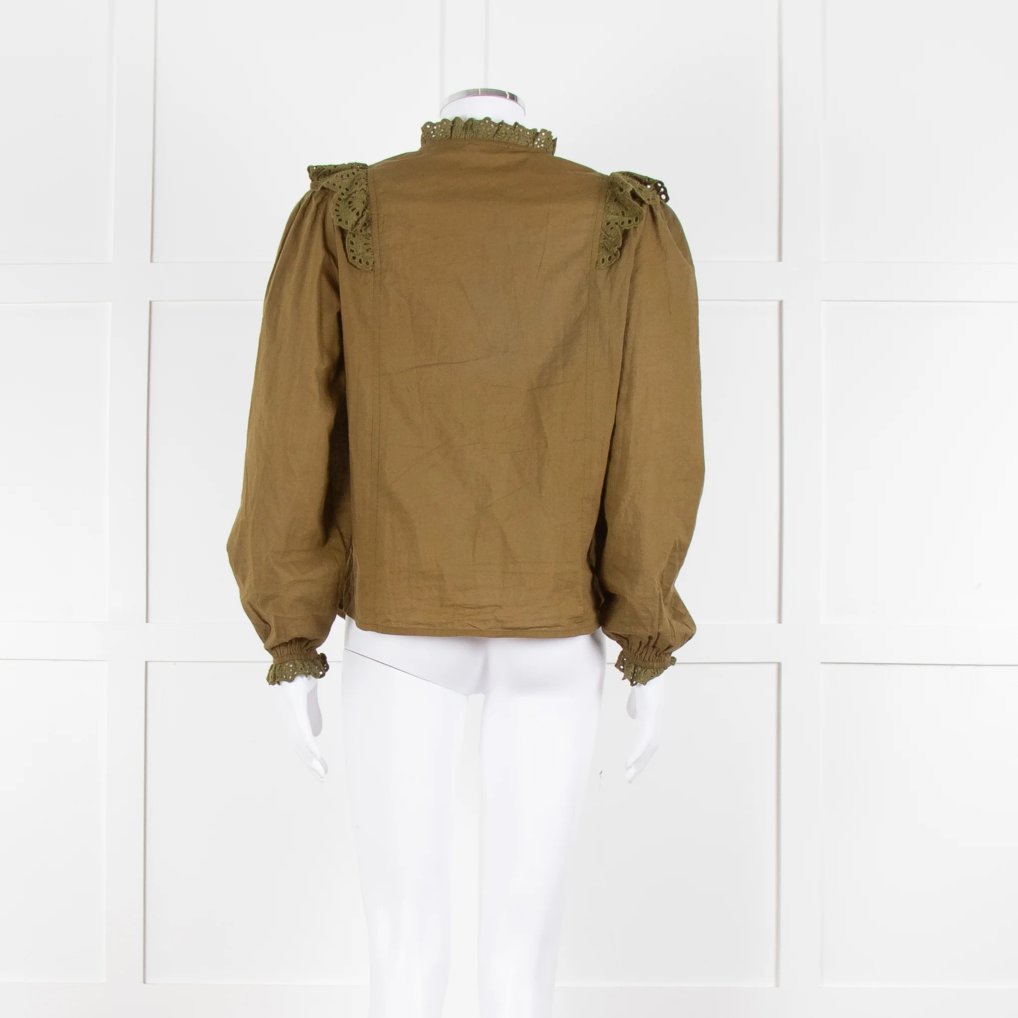 By Iris Khaki Broidery Anglaises Trimmed Blouse - Image 5