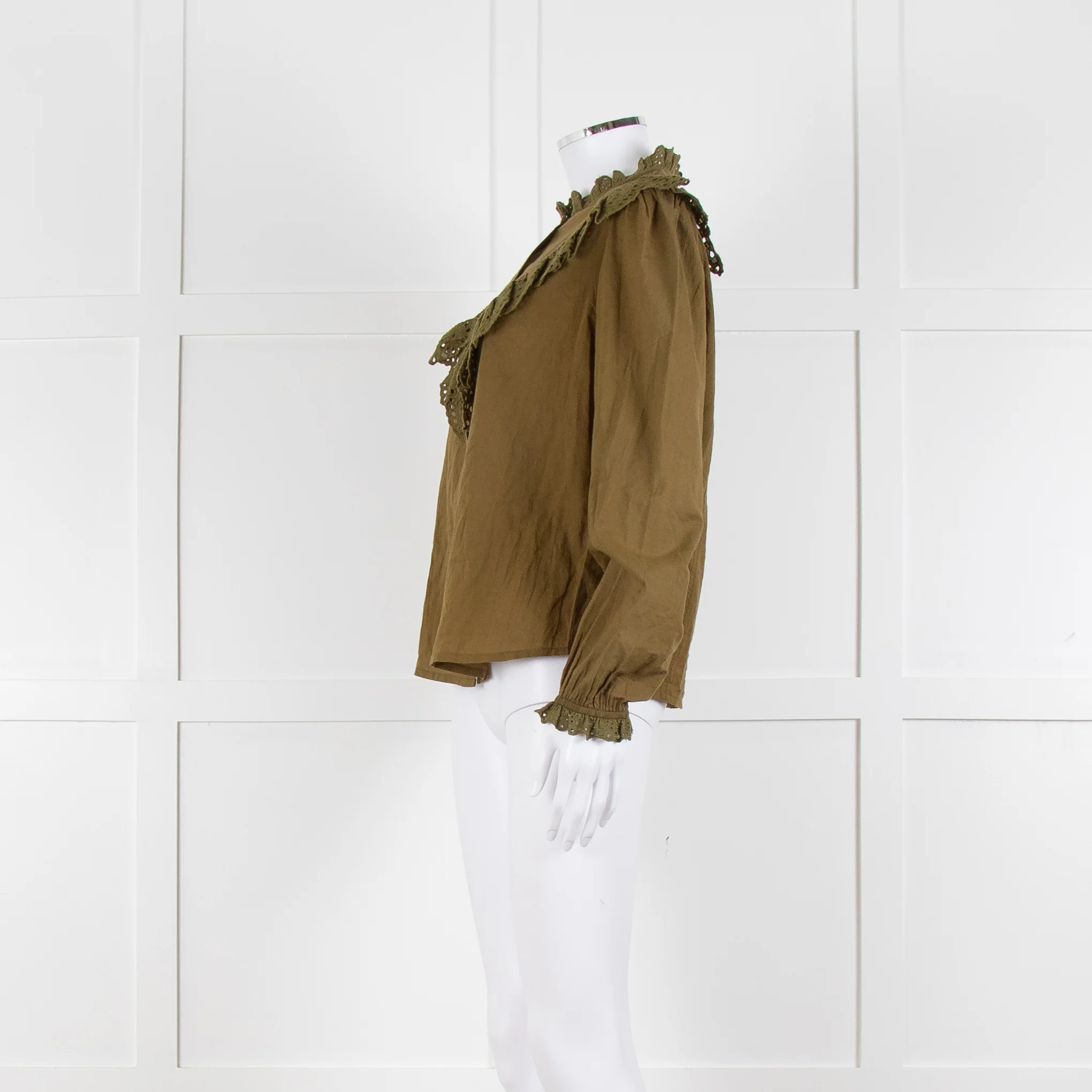 By Iris Khaki Broidery Anglaises Trimmed Blouse - Image 7
