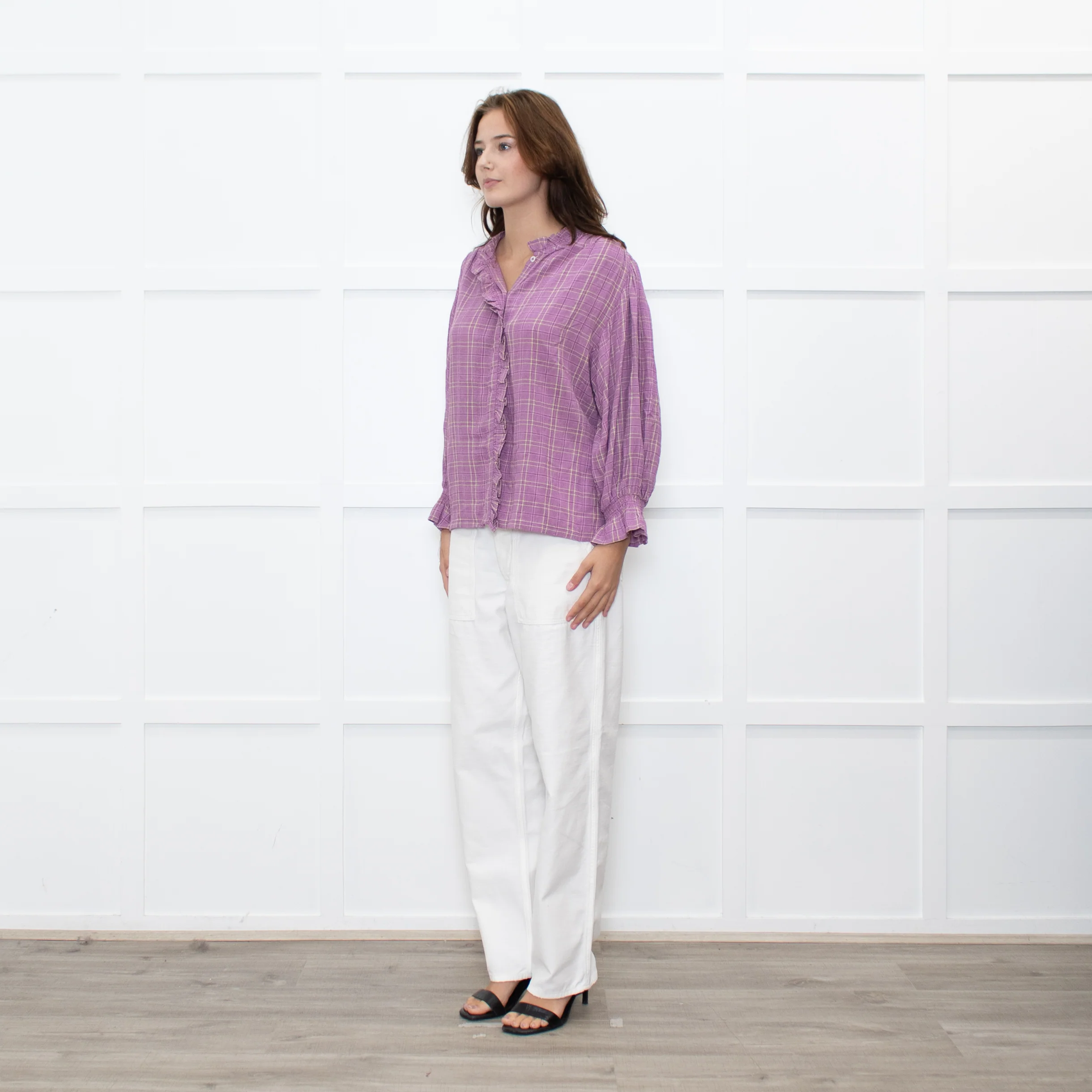 By IRIS Lilac Chequered Frilled Trim Blouse - Image 3