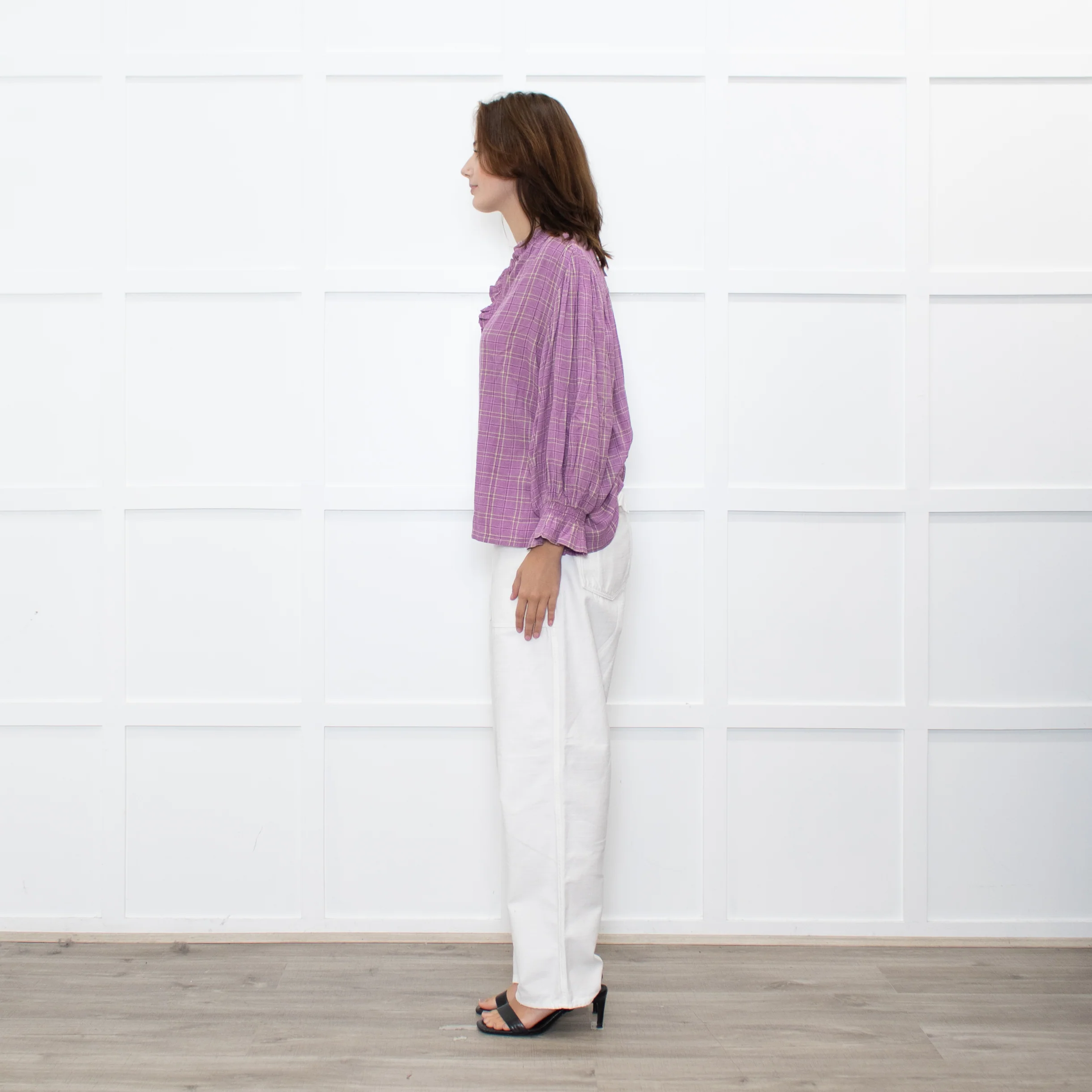 By IRIS Lilac Chequered Frilled Trim Blouse - Image 4
