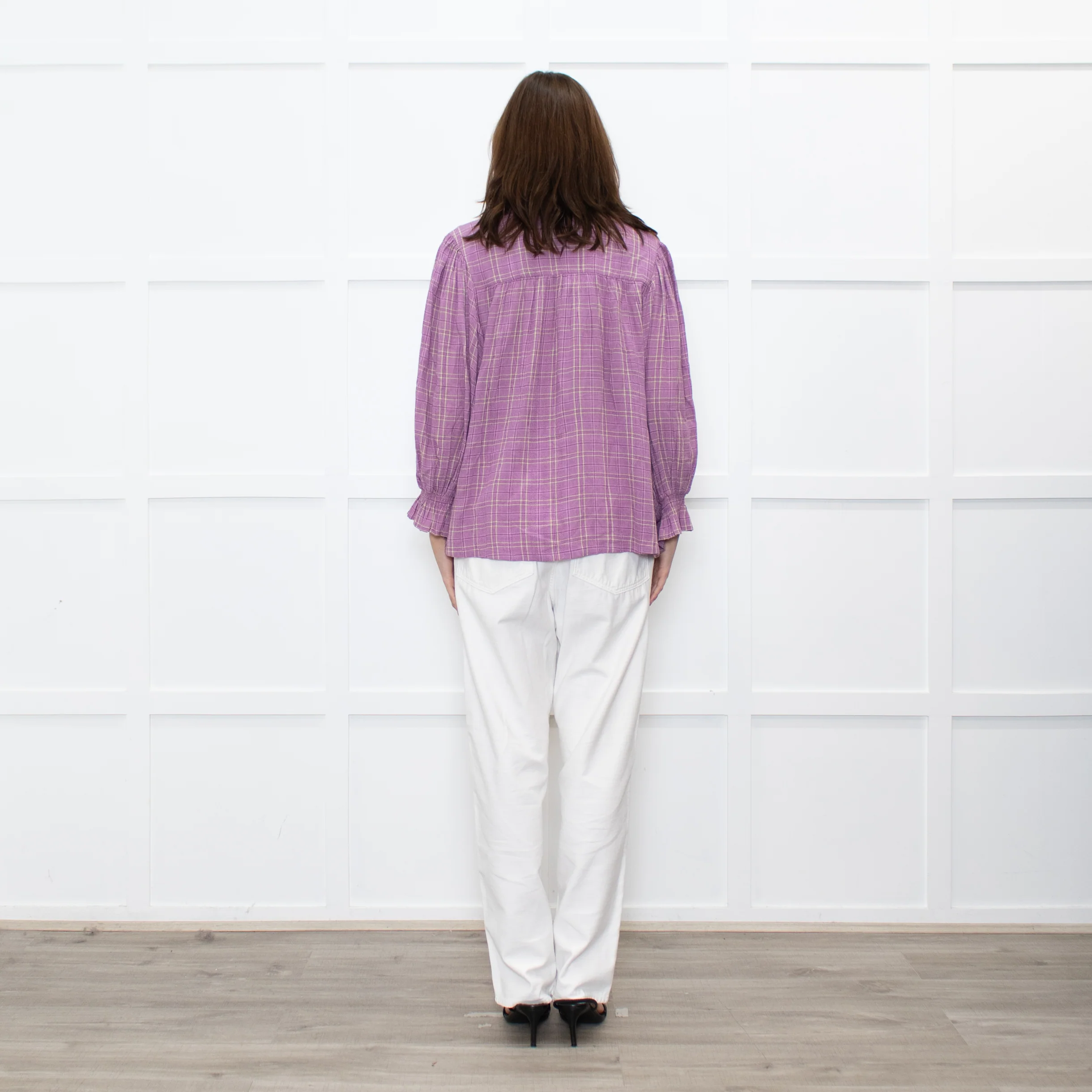 By IRIS Lilac Chequered Frilled Trim Blouse - Image 5