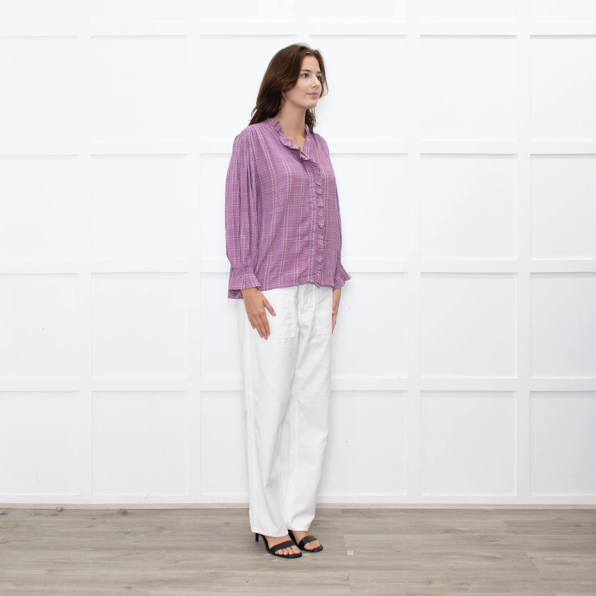 By IRIS Lilac Chequered Frilled Trim Blouse - Image 7