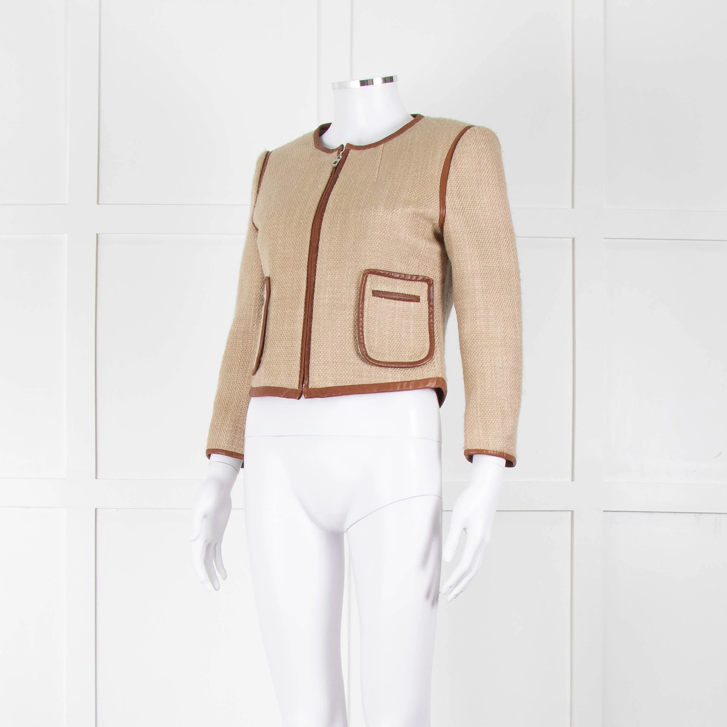 By Malene Birger Beige Tan Leather Trim Short Jacket - Image 8