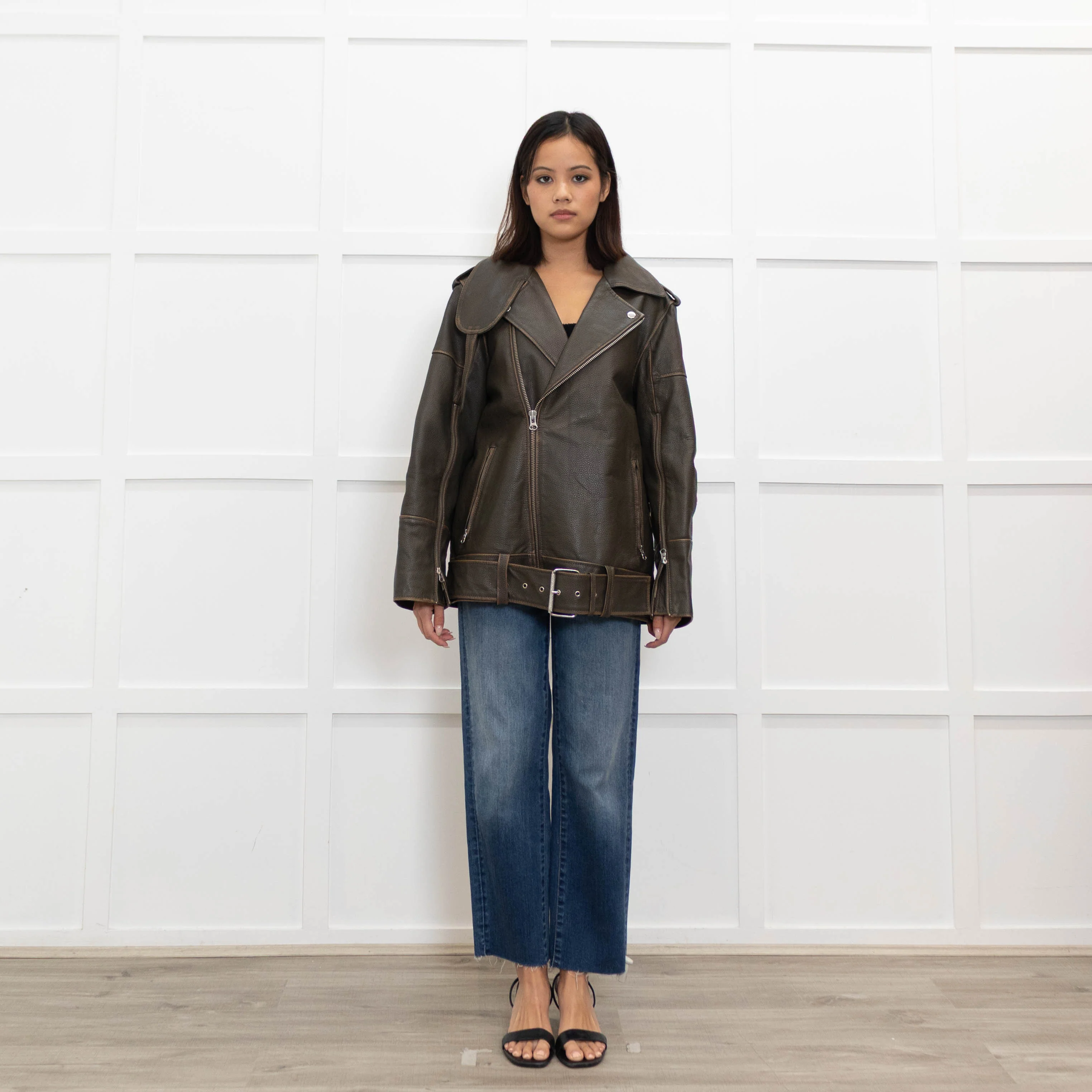 By Malene Birger Brown Leather Oversized Aviator Jacket
