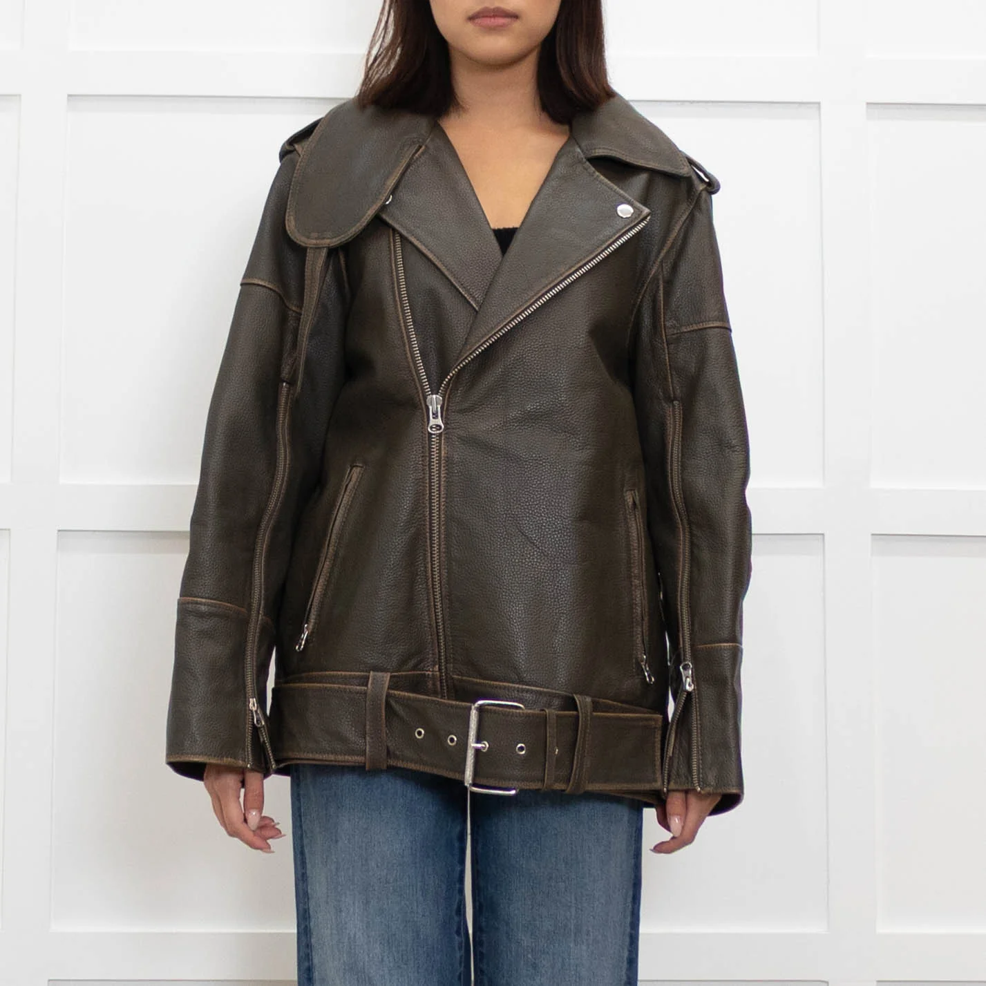 By Malene Birger Brown Leather Oversized Aviator Jacket - Image 2